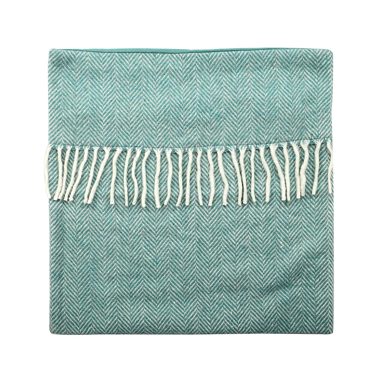 New Arrival- 2 Piece Set - Herringbone Pattern Wool Throw Blanket with Fringe (Size 135x170cm) and Cushion Cover with Zipper Closure and Flap Over (43x43cm) - Green