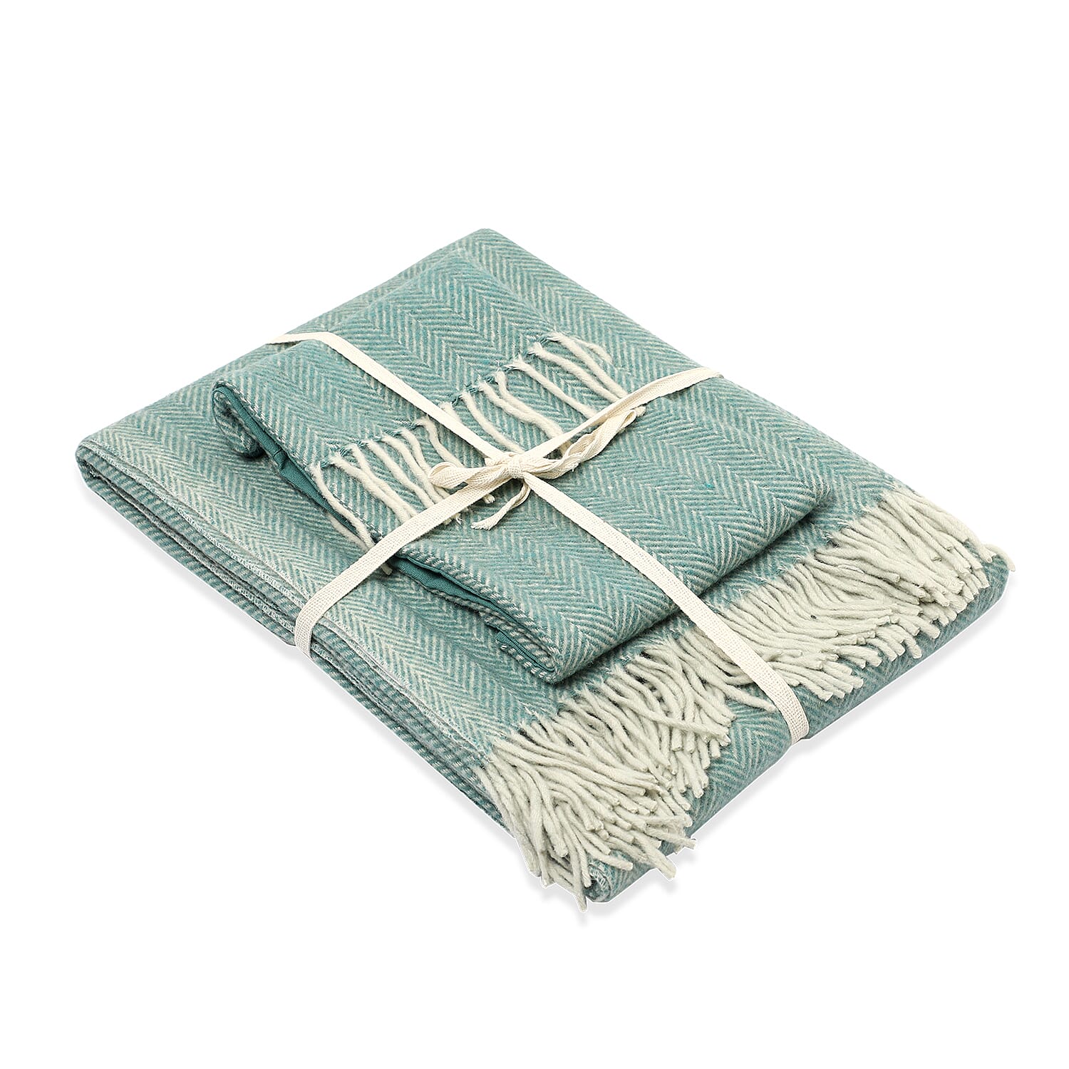New Arrival- 2 Piece Set - Herringbone Pattern Wool Throw Blanket with Fringe (Size 135x170cm) and Cushion Cover with Zipper Closure and Flap Over (43x43cm) - Green