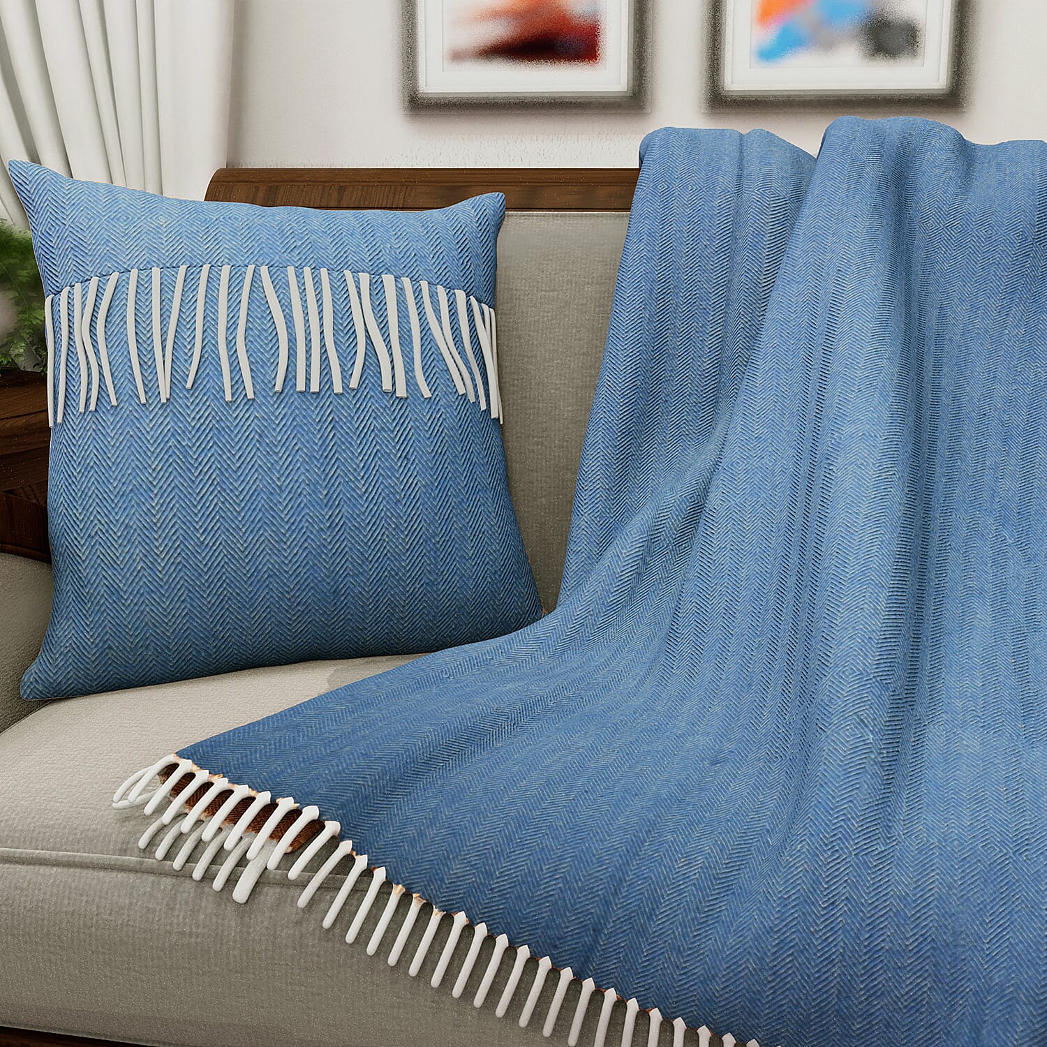 New Arrival- 2 Piece Set - Herringbone Pattern Wool Throw Blanket with Fringe (Size 135x170cm) and Cushion Cover with Zipper Closure and Flap Over (43x43cm) - Blue