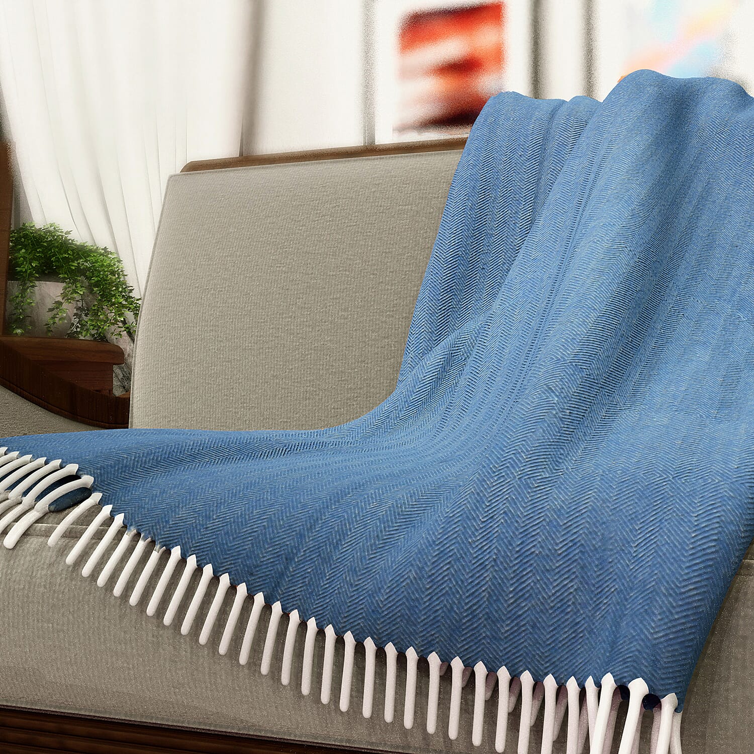New Arrival- 2 Piece Set - Herringbone Pattern Wool Throw Blanket with Fringe (Size 135x170cm) and Cushion Cover with Zipper Closure and Flap Over (43x43cm) - Blue