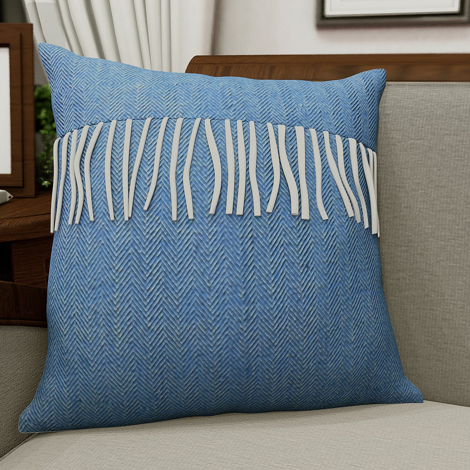 New Arrival- 2 Piece Set - Herringbone Pattern Wool Throw Blanket with Fringe (Size 135x170cm) and Cushion Cover with Zipper Closure and Flap Over (43x43cm) - Blue