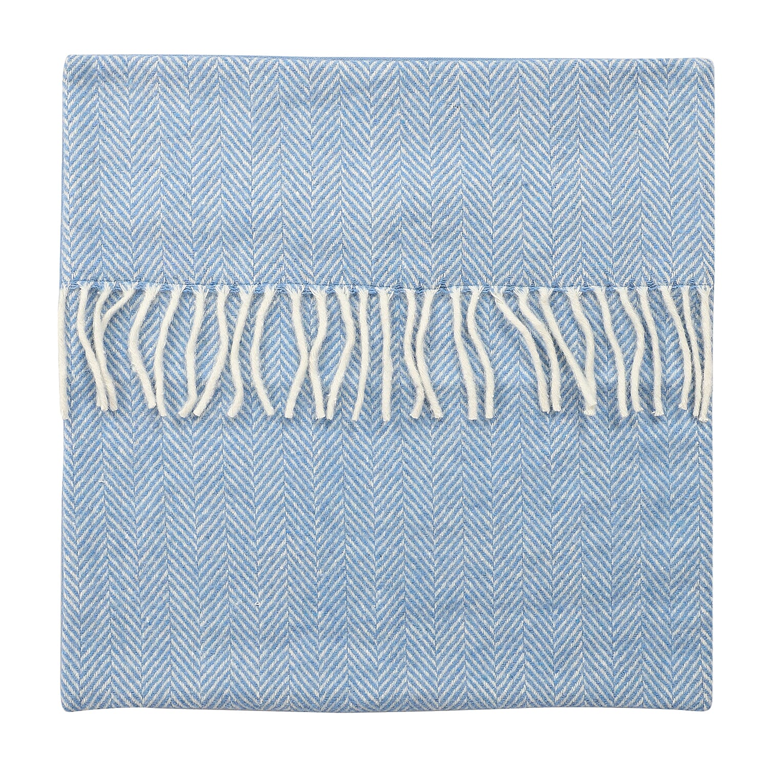New Arrival- 2 Piece Set - Herringbone Pattern Wool Throw Blanket with Fringe (Size 135x170cm) and Cushion Cover with Zipper Closure and Flap Over (43x43cm) - Blue