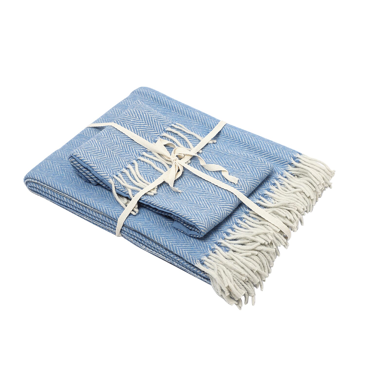 New Arrival- 2 Piece Set - Herringbone Pattern Wool Throw Blanket with Fringe (Size 135x170cm) and Cushion Cover with Zipper Closure and Flap Over (43x43cm) - Blue