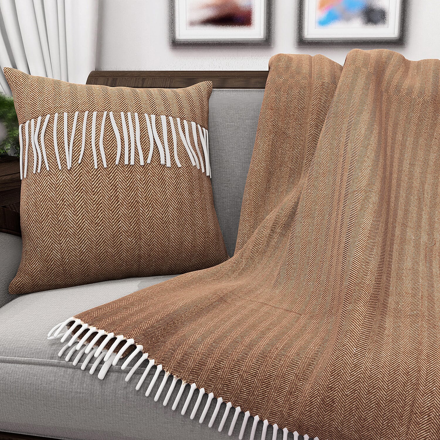 New Arrival- 2 Piece Set - Herringbone Pattern Wool Throw Blanket with Fringe (Size 135x170cm) and Cushion Cover with Zipper Closure and Flap Over (43x43cm) - Brown