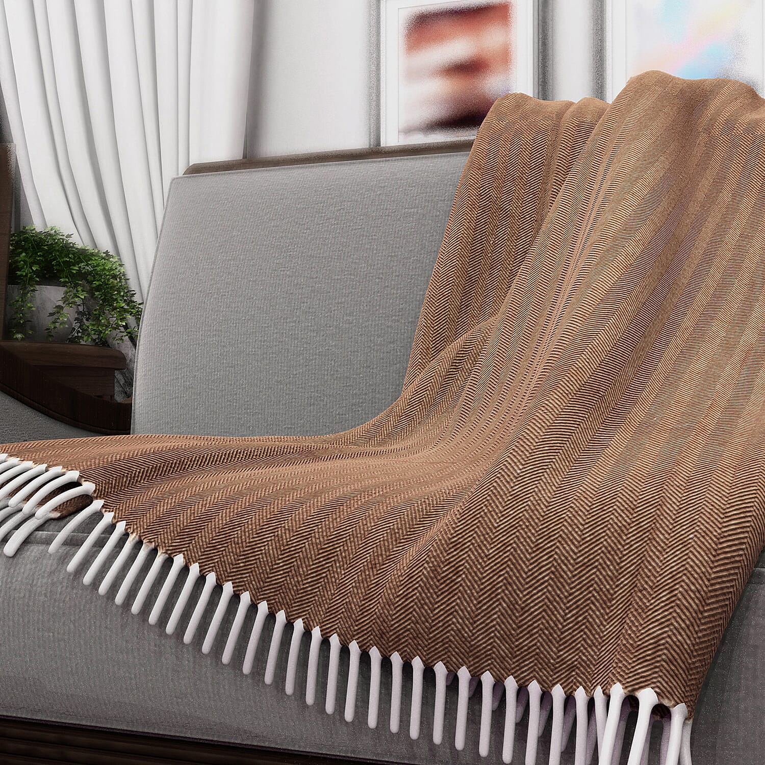 New Arrival- 2 Piece Set - Herringbone Pattern Wool Throw Blanket with Fringe (Size 135x170cm) and Cushion Cover with Zipper Closure and Flap Over (43x43cm) - Brown