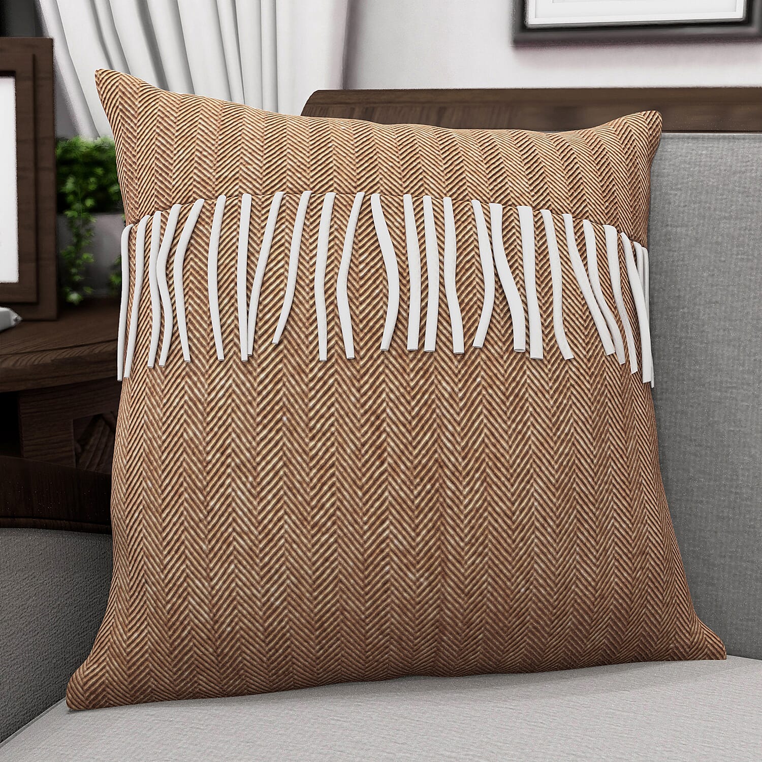 New Arrival- 2 Piece Set - Herringbone Pattern Wool Throw Blanket with Fringe (Size 135x170cm) and Cushion Cover with Zipper Closure and Flap Over (43x43cm) - Brown
