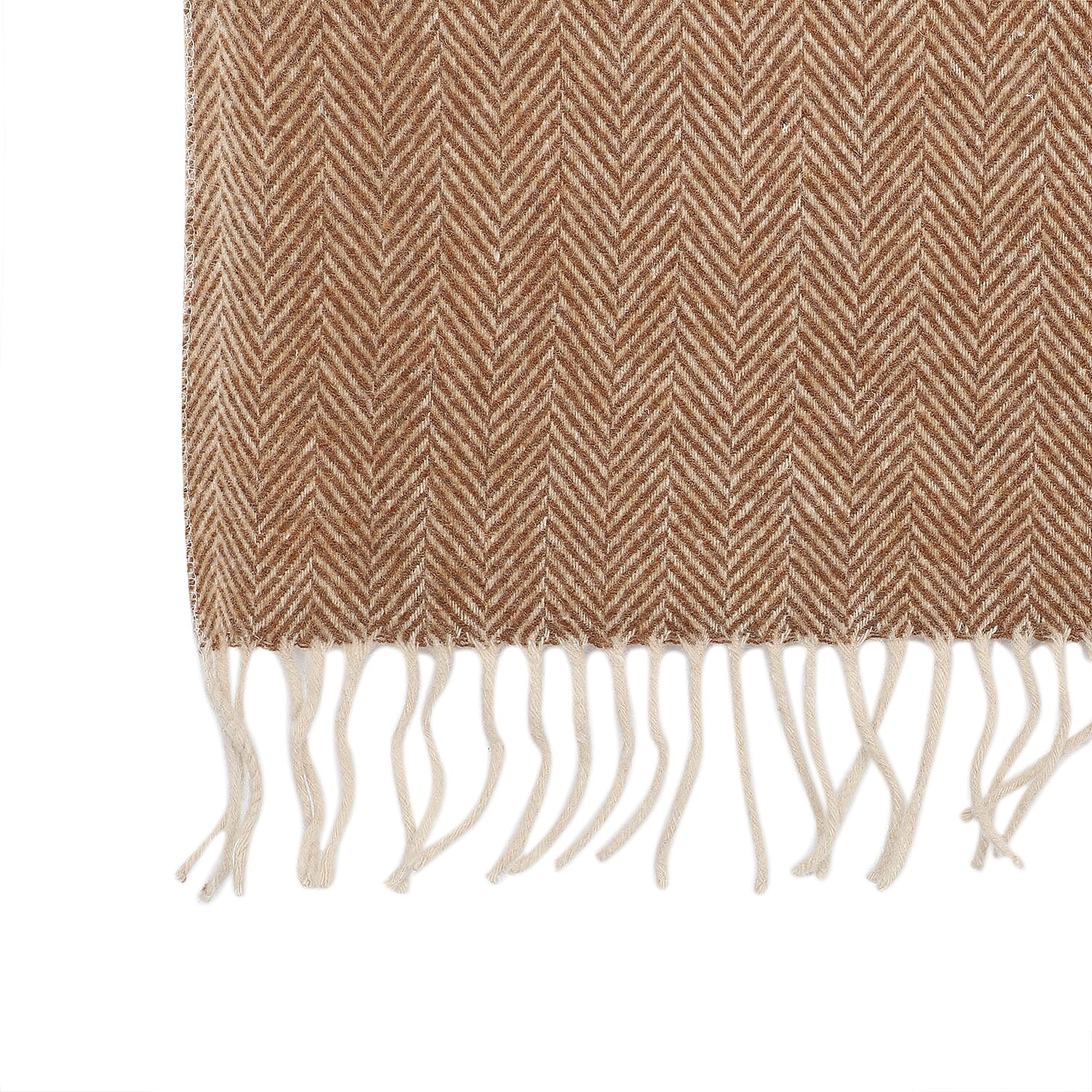 New Arrival- 2 Piece Set - Herringbone Pattern Wool Throw Blanket with Fringe (Size 135x170cm) and Cushion Cover with Zipper Closure and Flap Over (43x43cm) - Brown