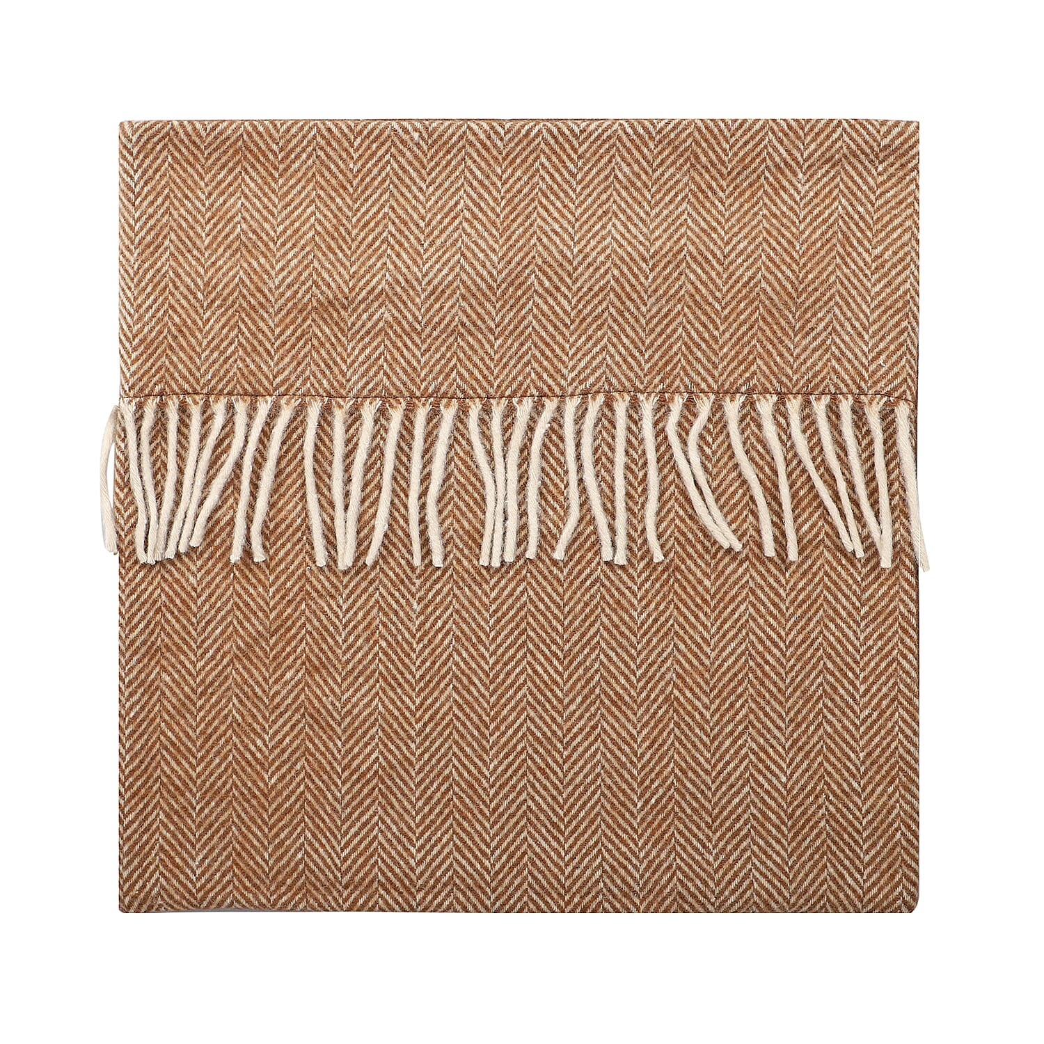New Arrival- 2 Piece Set - Herringbone Pattern Wool Throw Blanket with Fringe (Size 135x170cm) and Cushion Cover with Zipper Closure and Flap Over (43x43cm) - Brown
