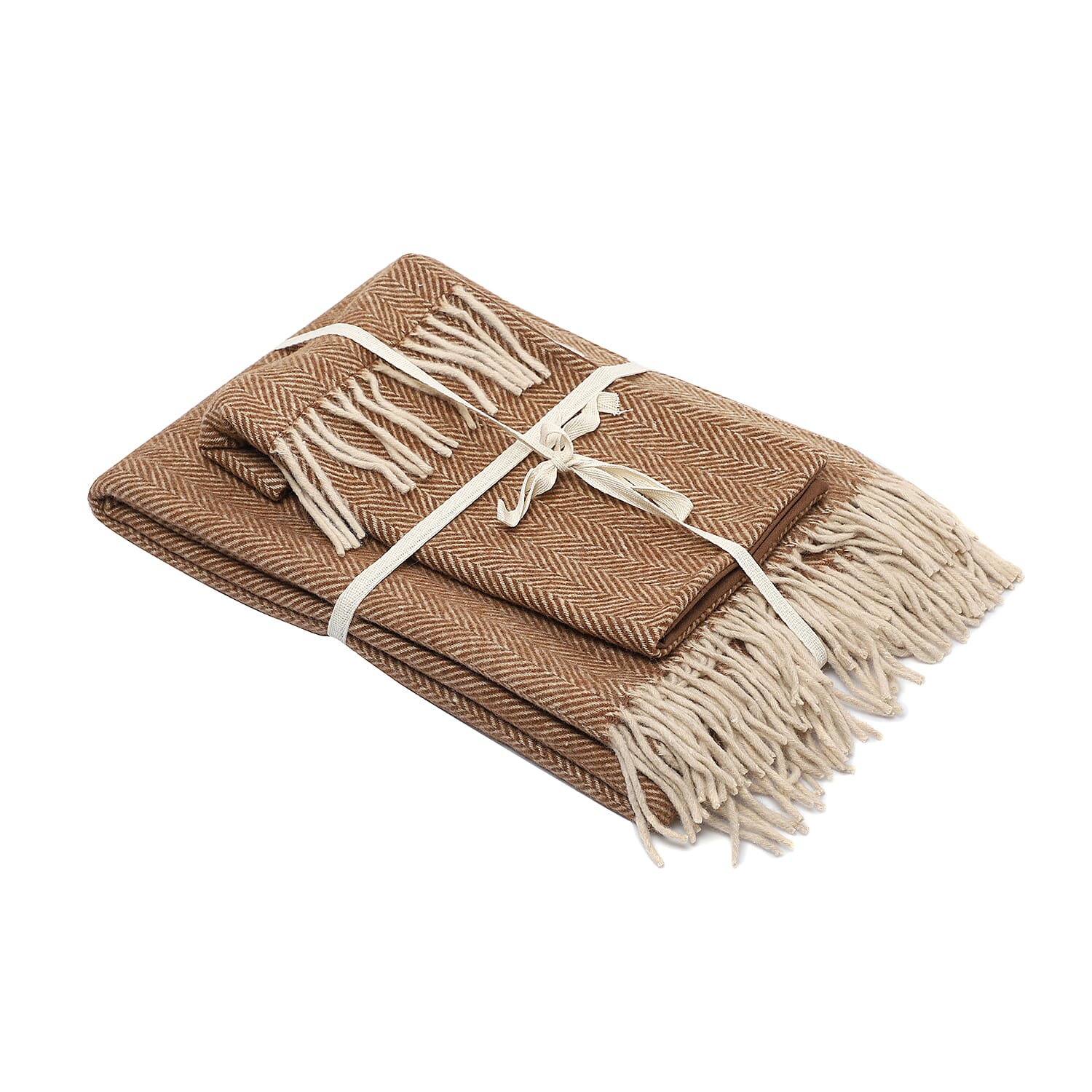 New Arrival- 2 Piece Set - Herringbone Pattern Wool Throw Blanket with Fringe (Size 135x170cm) and Cushion Cover with Zipper Closure and Flap Over (43x43cm) - Brown