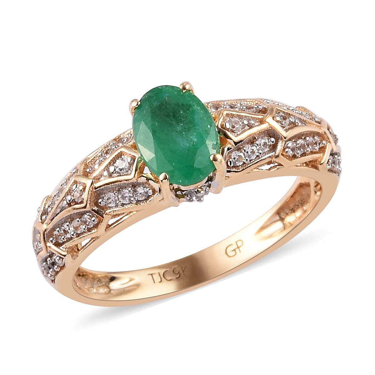 GP - 9K Yellow Gold Kagem Zambian Emerald, Natural Cambodian Zircon and Blue Sapphire Ring 1.00 Ct.