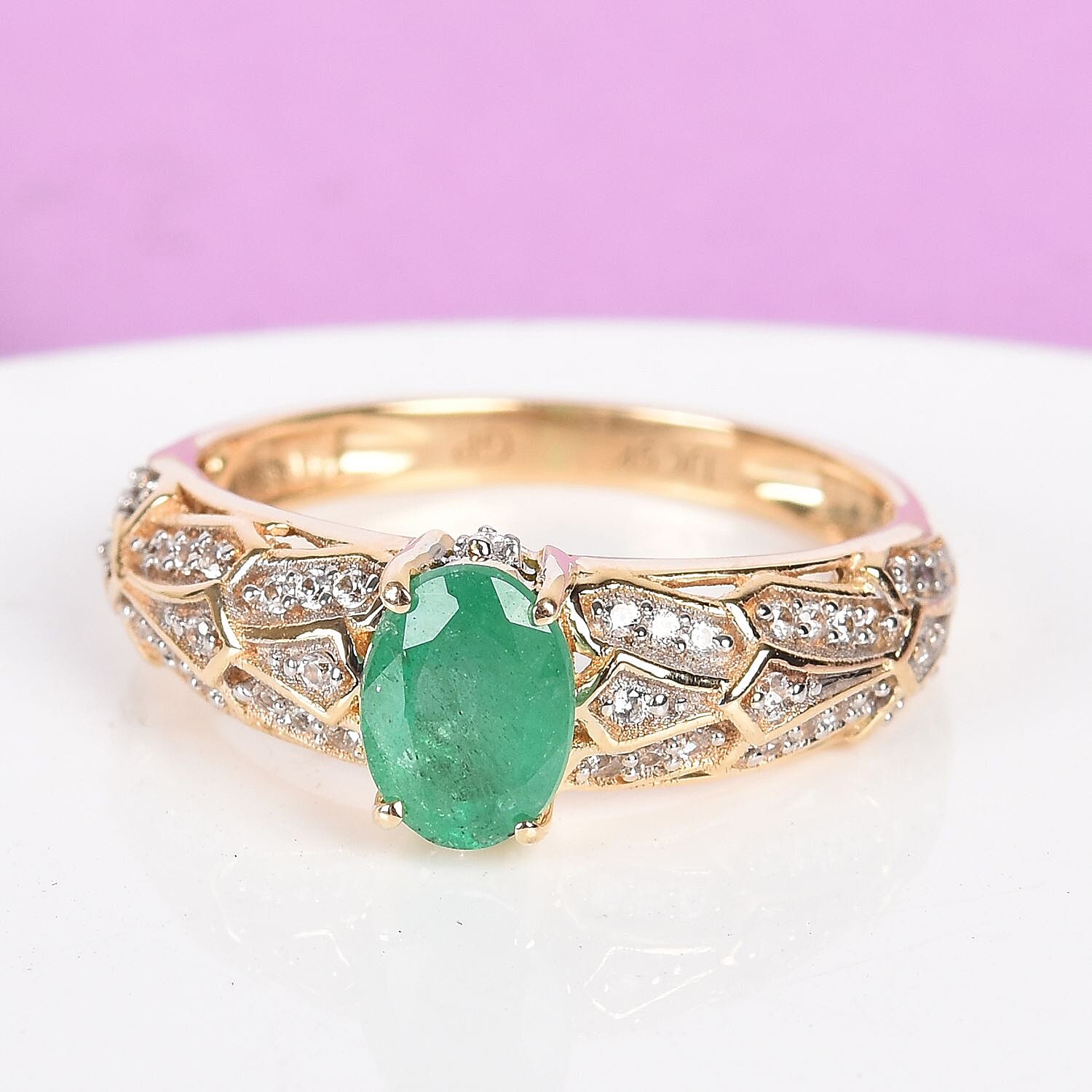 GP - 9K Yellow Gold Kagem Zambian Emerald, Natural Cambodian Zircon and Blue Sapphire Ring 1.00 Ct.