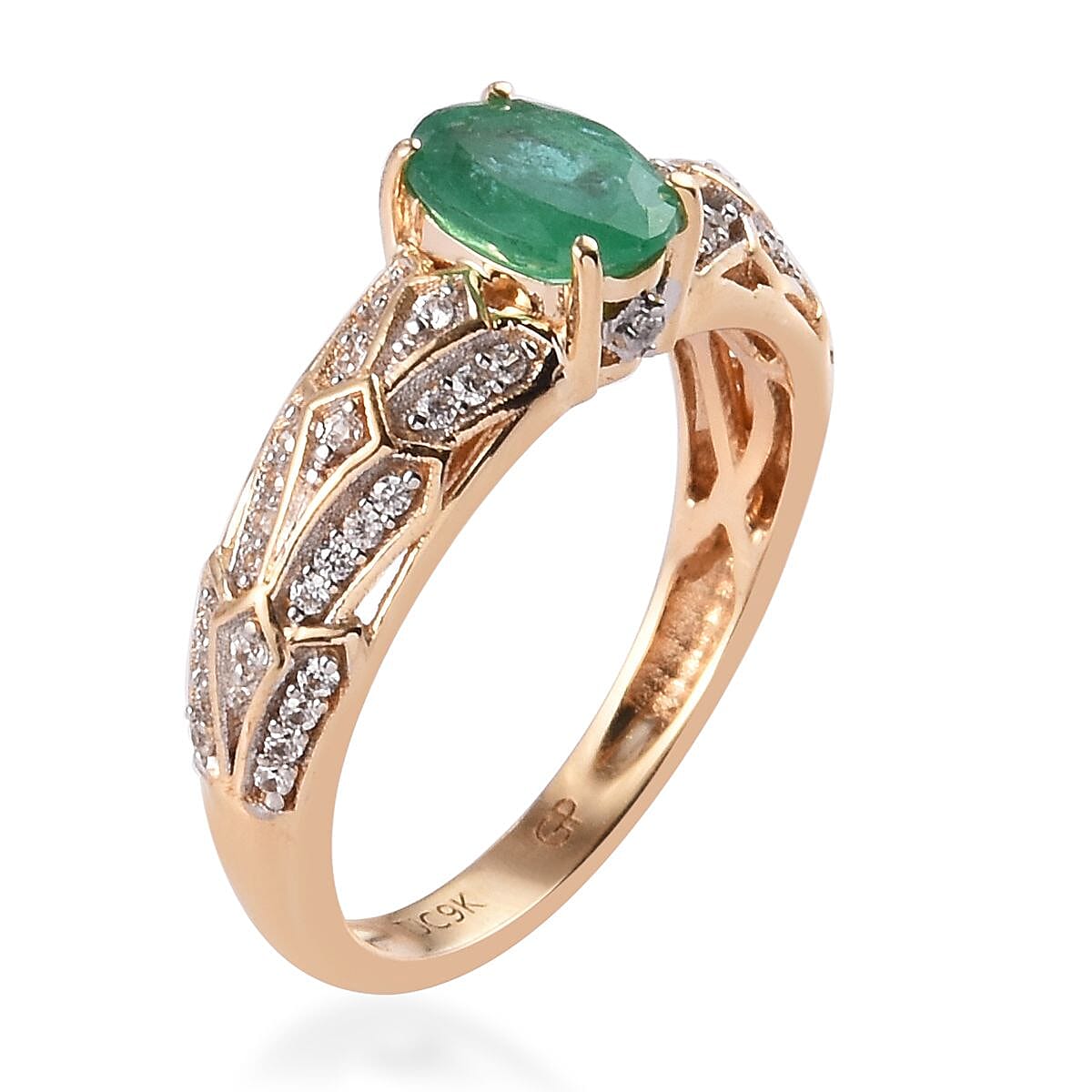 GP - 9K Yellow Gold Kagem Zambian Emerald, Natural Cambodian Zircon and Blue Sapphire Ring 1.00 Ct.