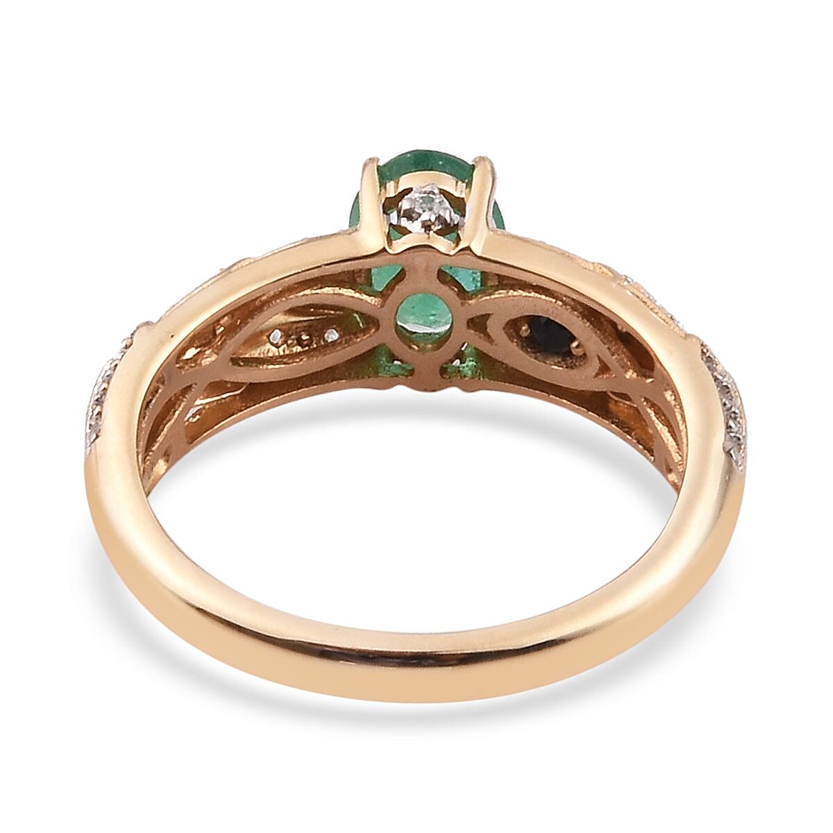 GP - 9K Yellow Gold Kagem Zambian Emerald, Natural Cambodian Zircon and Blue Sapphire Ring 1.00 Ct.