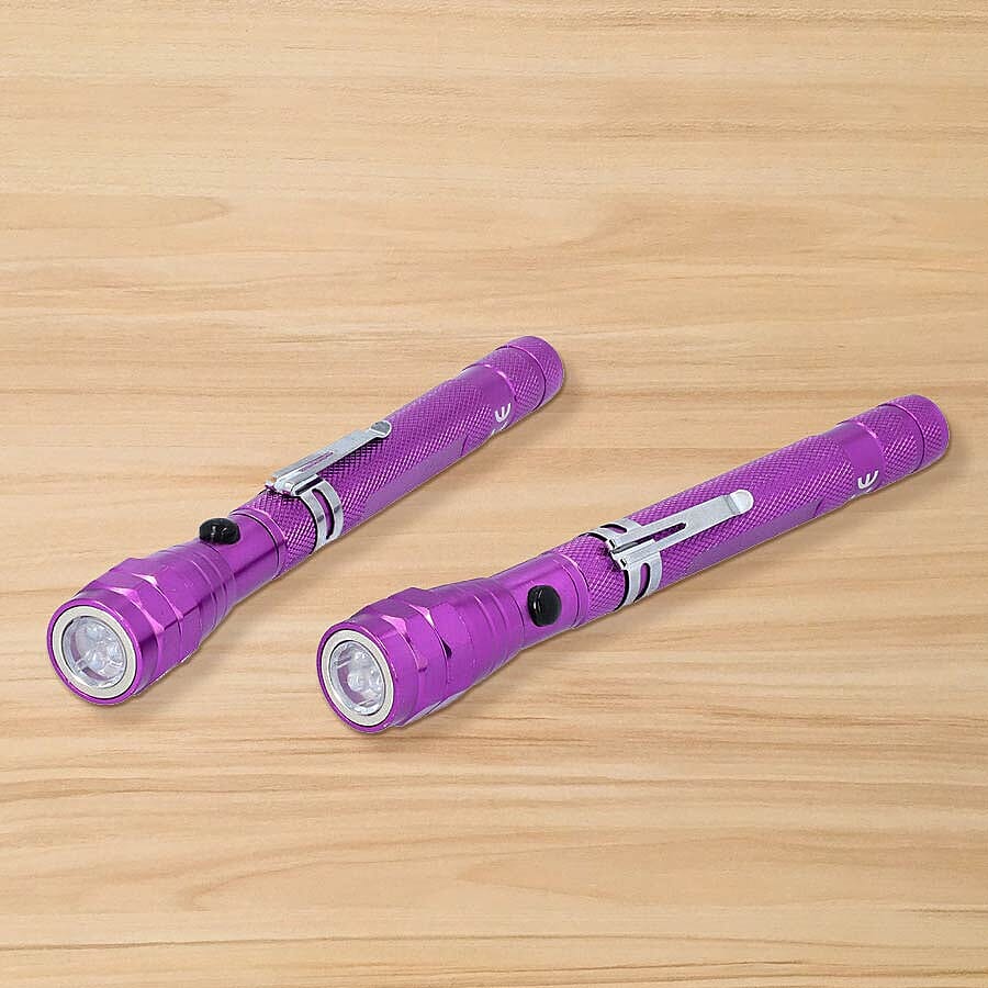 2 Piece Set - 360 Degree Flexible Head 3 LED Magnetic Flashlight (Size 17x2.2 Cm) (4XLR44 Battery Included) - Purple
