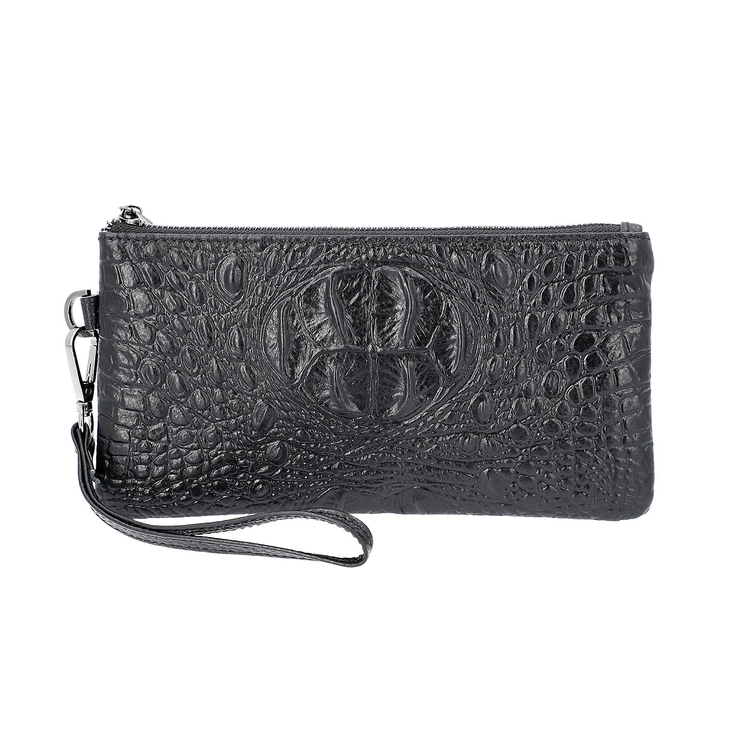 100% Genuine Leather RFID Protected Croc Embossed Wristlet(Size 20x10 Cm) - Black