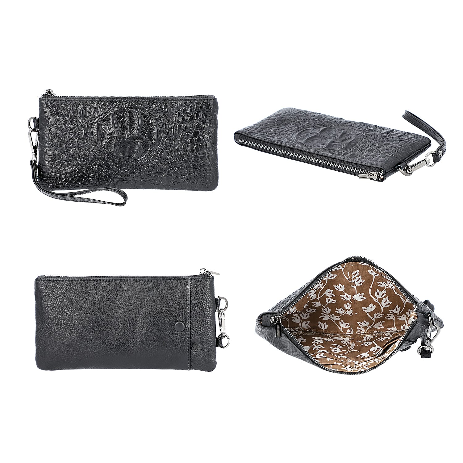 100% Genuine Leather RFID Protected Croc Embossed Wristlet(Size 20x10 Cm) - Black