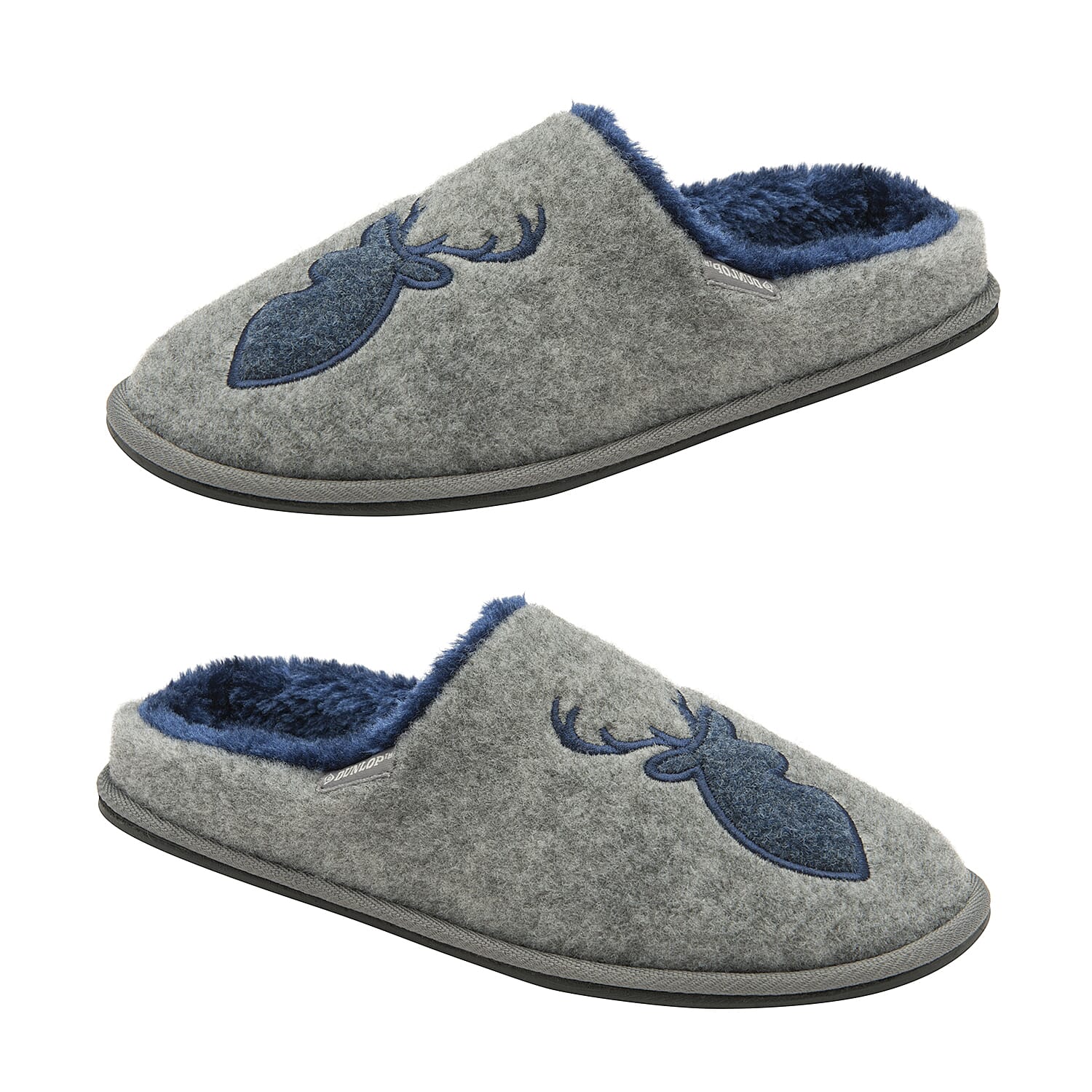 Dunlop Faux Fur Lining Memory Foam Stag Slip On Slippers (Size 7) - Grey