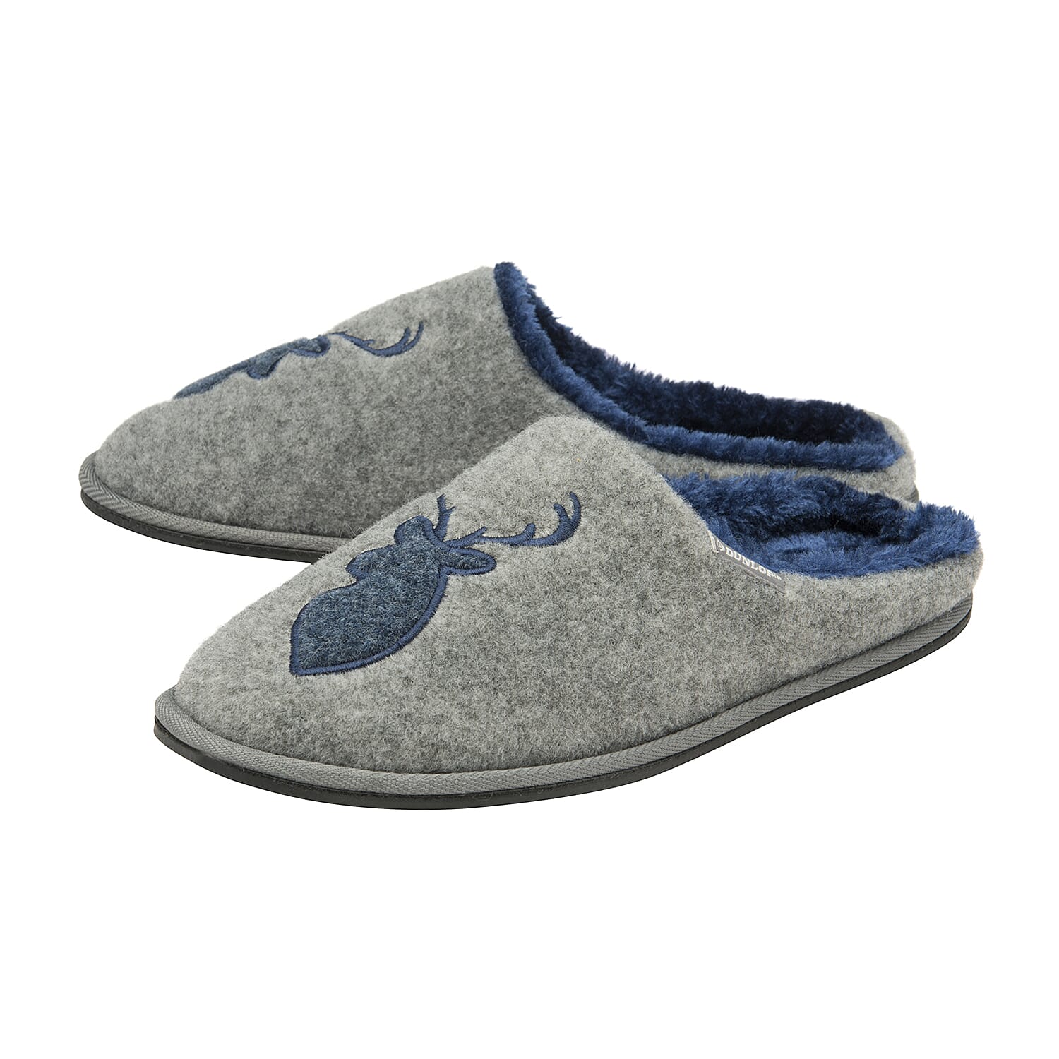 Dunlop Faux Fur Lining Memory Foam Stag Slip On Slippers (Size 7) - Grey