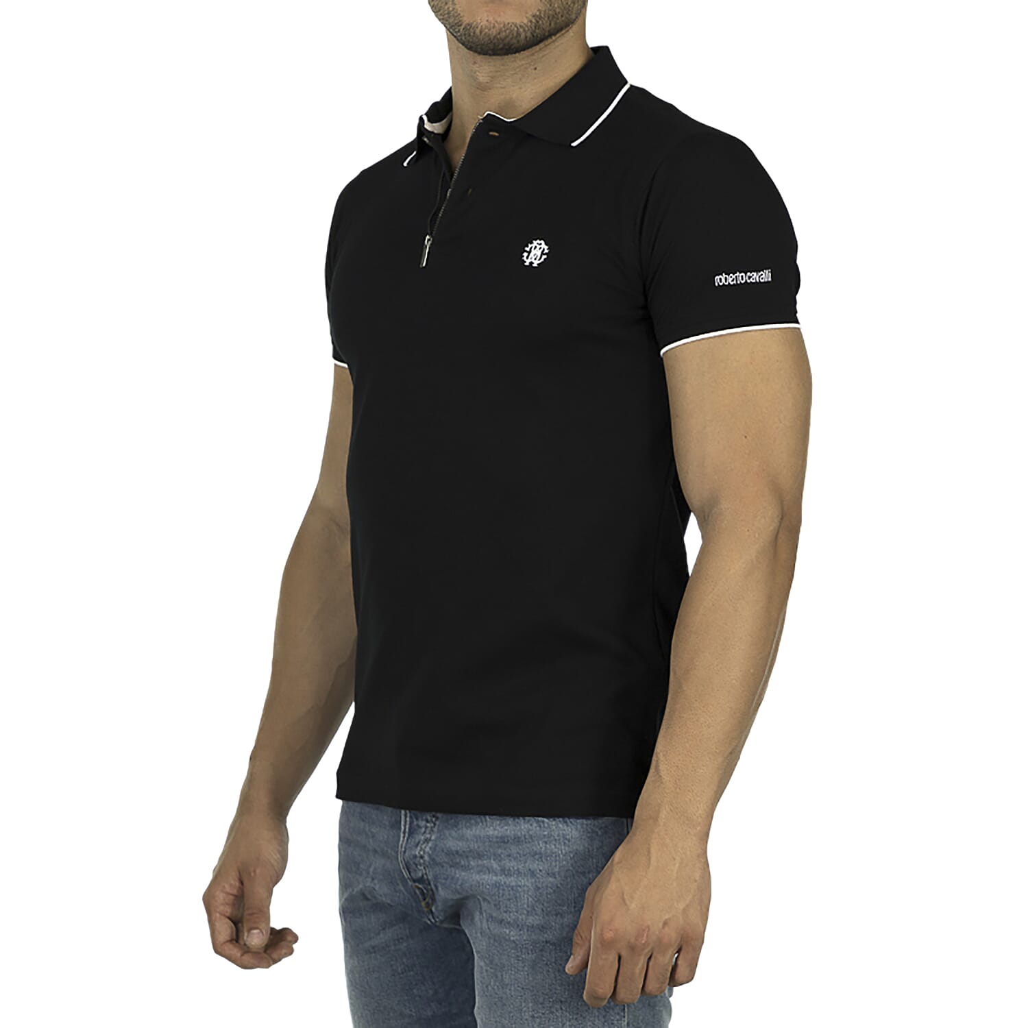 Roberto Cavalli Polo Short Sleeve T-Shirt with Zip (Size S) - Black