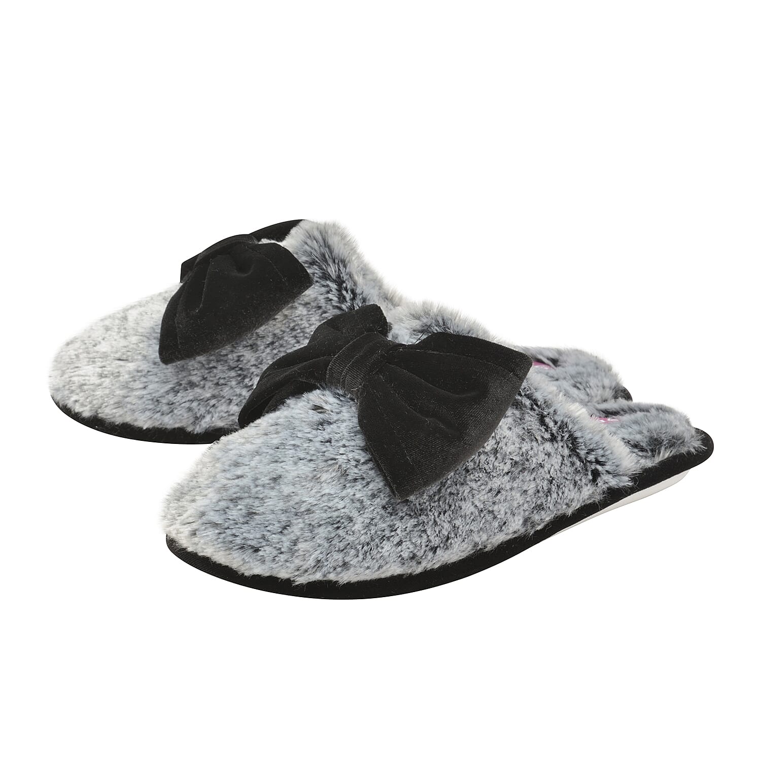 Dunlop Memory Foam Faux Fur Bow Slip On Slippers (Size 3) -Charcoal/Black