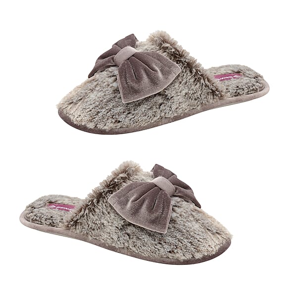 Dunlop Memory Foam Faux Fur Bow Slip On Slippers in Grey/Mink Colour -  M3642367 - TJC