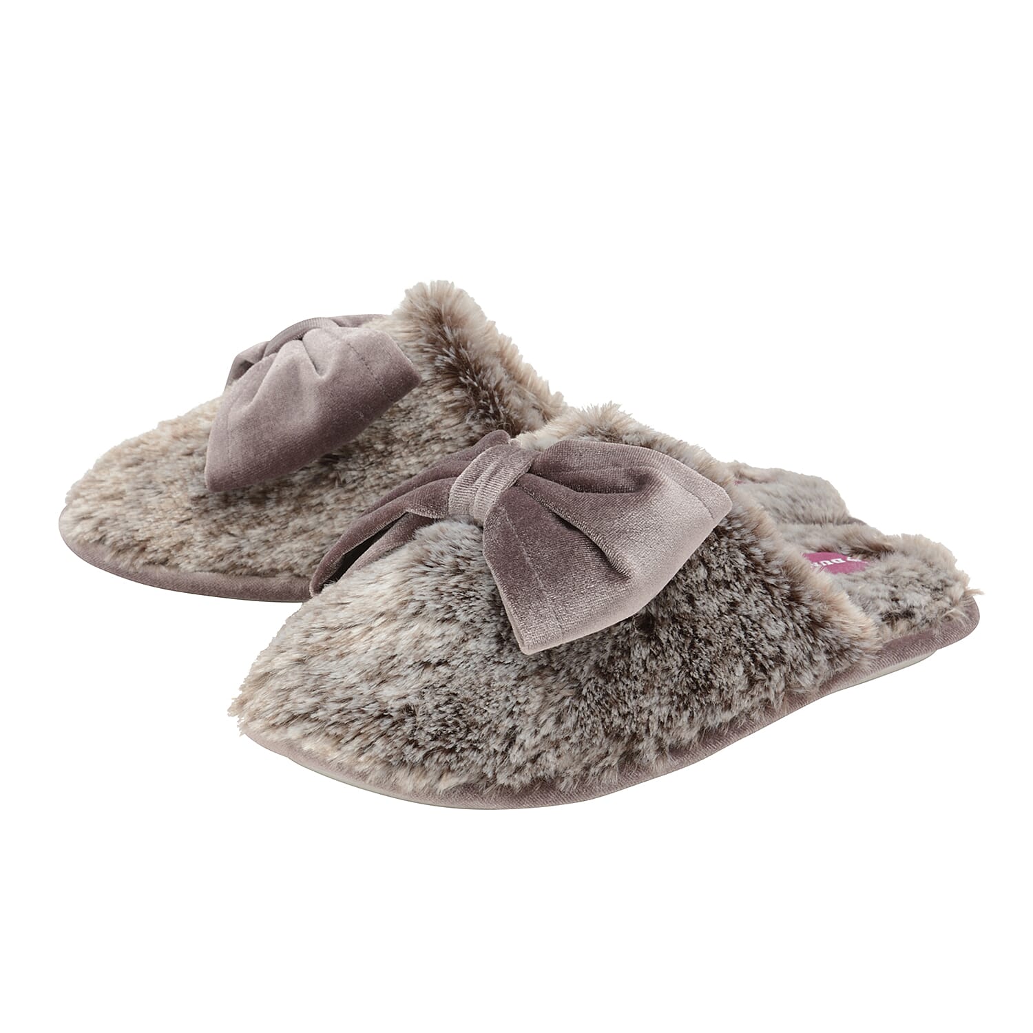 Dunlop Memory Foam Faux Fur Bow Slip On Slippers (Size 3) - Grey/Mink