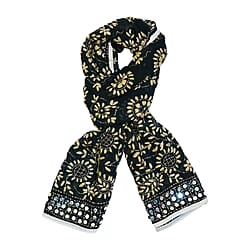 100% Viscose Indian Phulkari Embroidered Long Scarf - Black