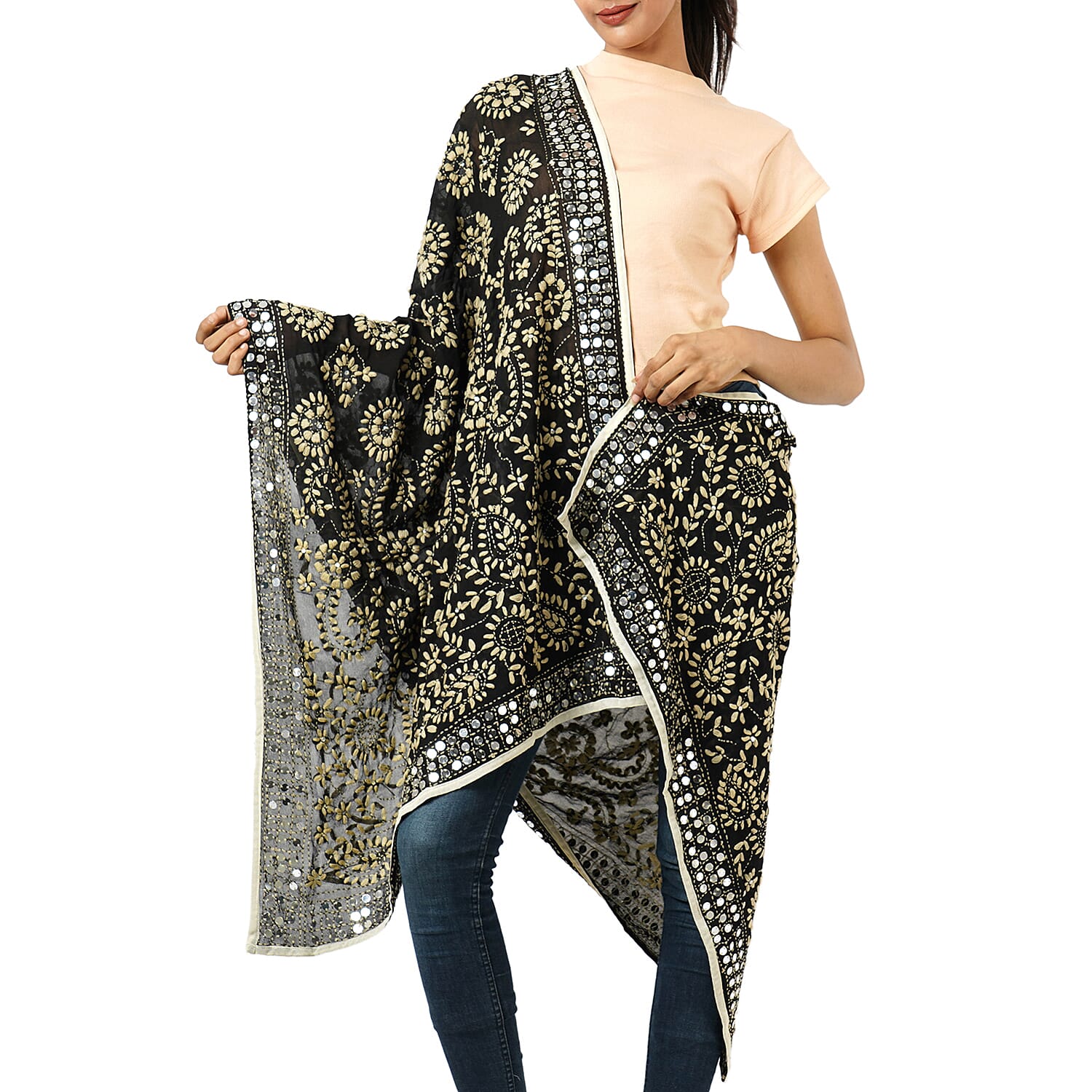 100% Viscose Indian Phulkari Embroidered Long Scarf - Black