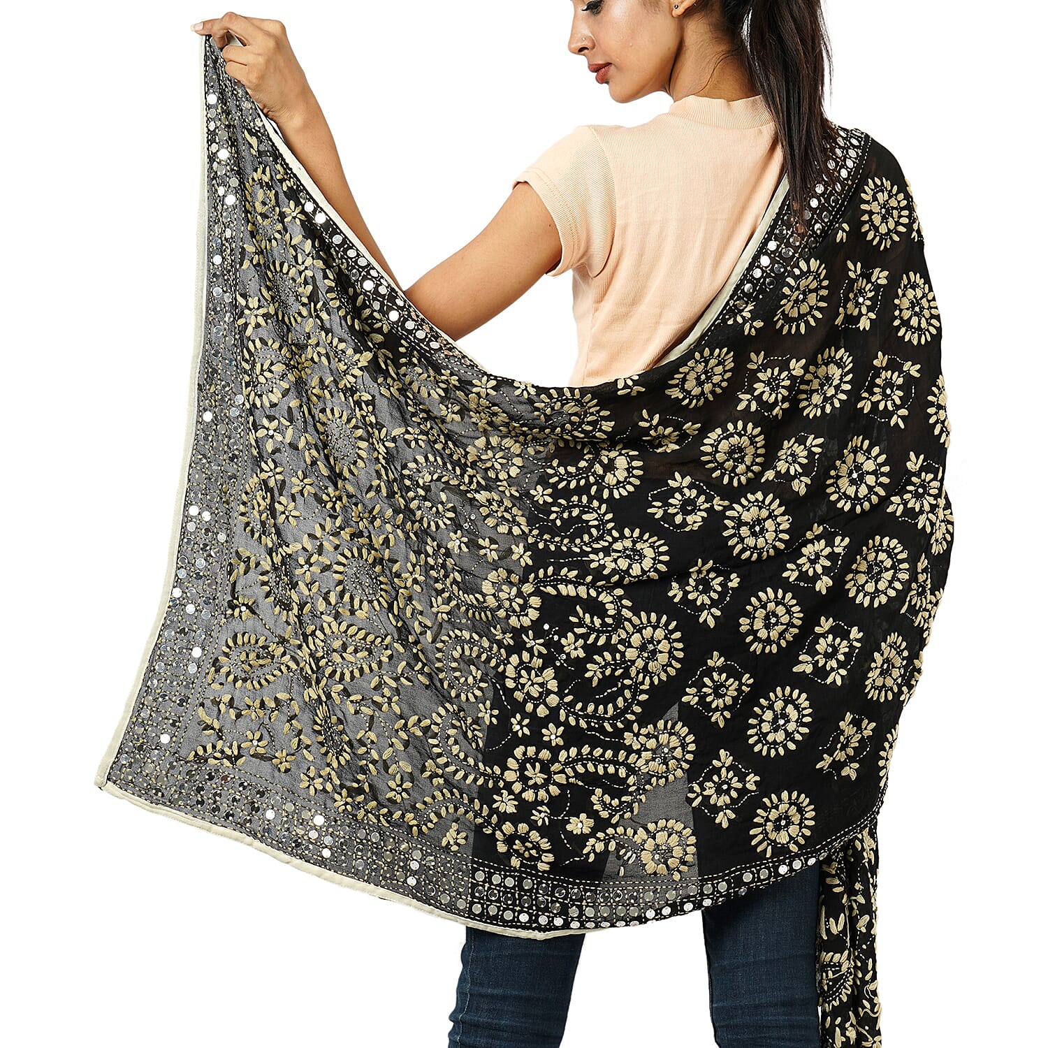 100% Viscose Indian Phulkari Embroidered Long Scarf - Black