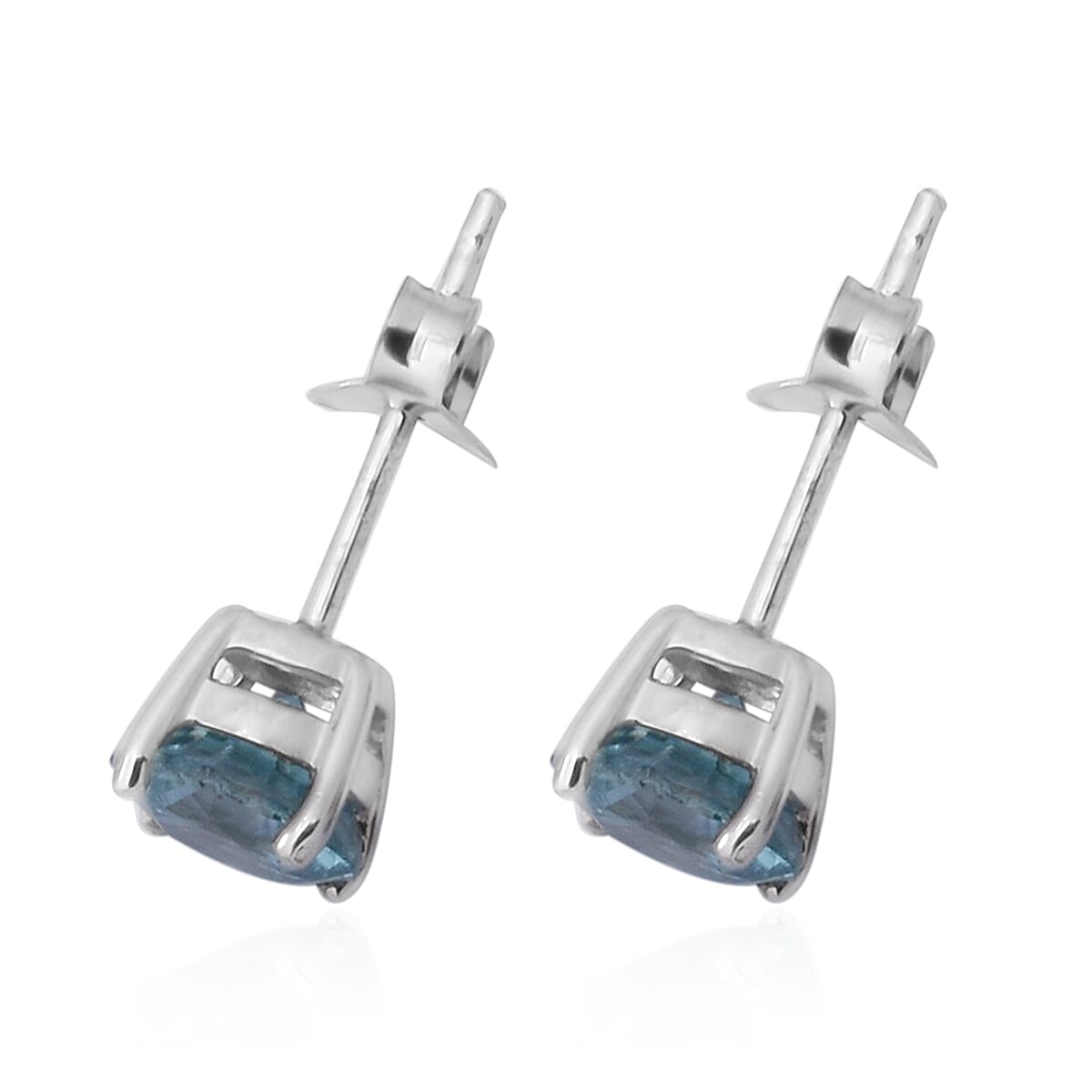 Ratanakiri Blue Zircon Stud Earrings with Push Back in Rhodium Overlay Sterling Silver 2.64 Ct.