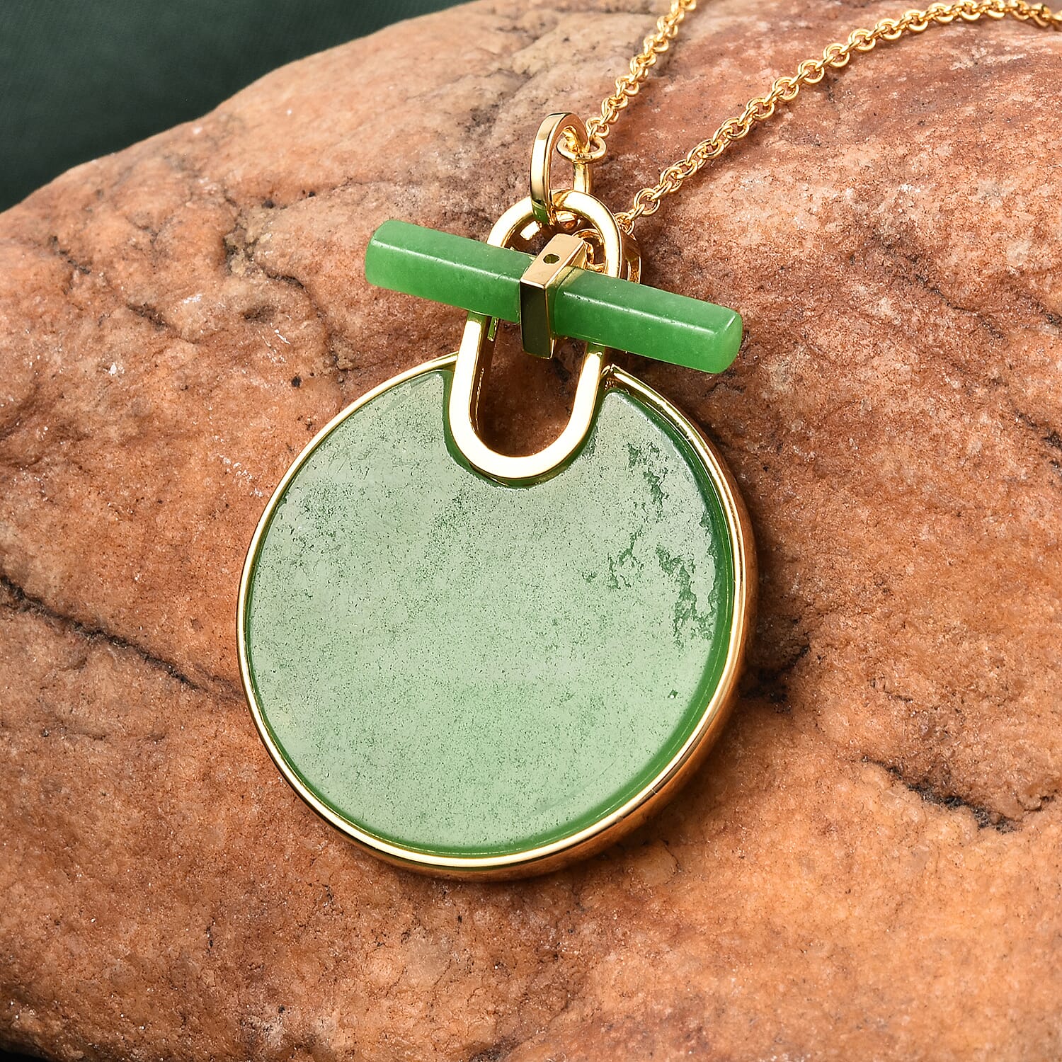 Green Jade Necklace (Size 18) in Yellow Gold Overlay Sterling Silver 28.00 Ct, Silver wt. 6.31 Gms
