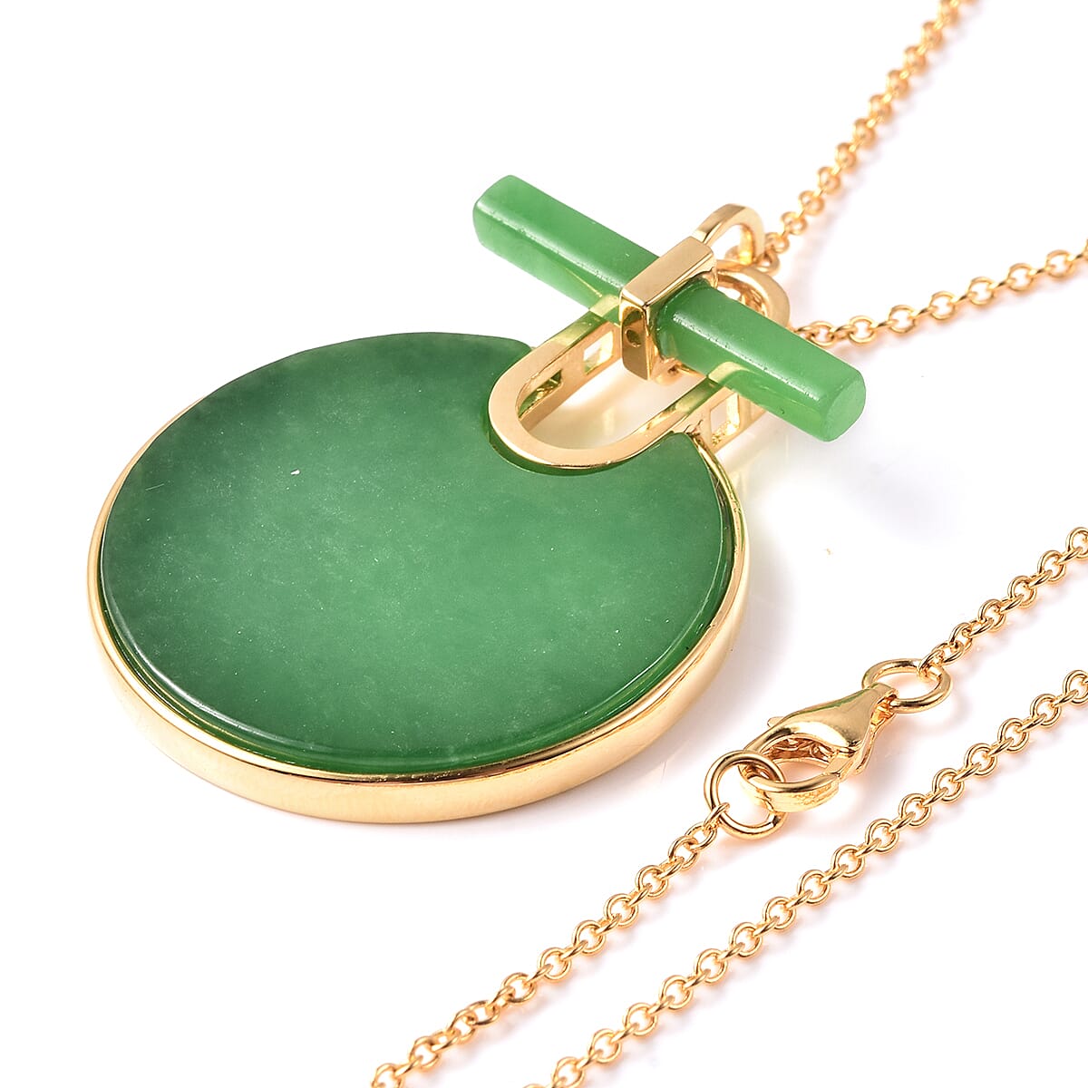 Green Jade Necklace (Size 18) in Yellow Gold Overlay Sterling Silver 28.00 Ct, Silver wt. 6.31 Gms