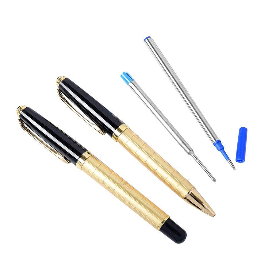 Set of 2 Gold and Black Ballpoint Pens with 2 Replacement Ink (Ink Colour: Blue and Black)