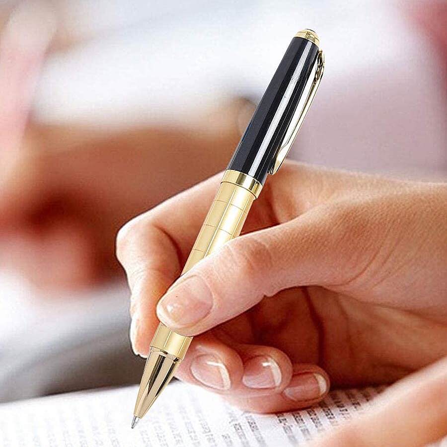 Set of 2 Gold and Black Ballpoint Pens with 2 Replacement Ink (Ink Colour: Blue and Black)