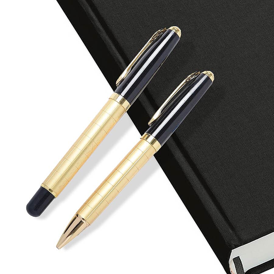 Set of 2 Gold and Black Ballpoint Pens with 2 Replacement Ink (Ink Colour: Blue and Black)