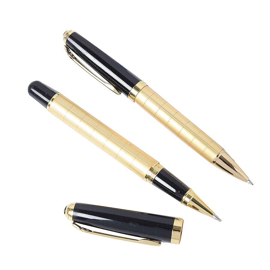 Set of 2 Gold and Black Ballpoint Pens with 2 Replacement Ink (Ink Colour: Blue and Black)