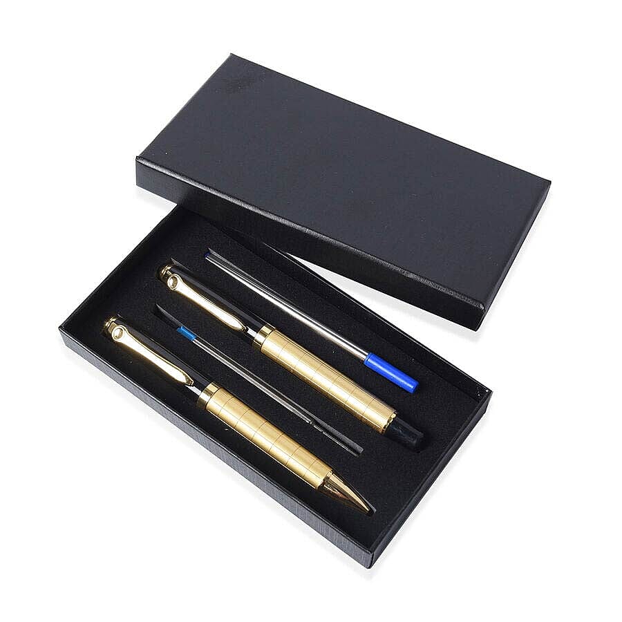 Set of 2 Gold and Black Ballpoint Pens with 2 Replacement Ink (Ink Colour: Blue and Black)