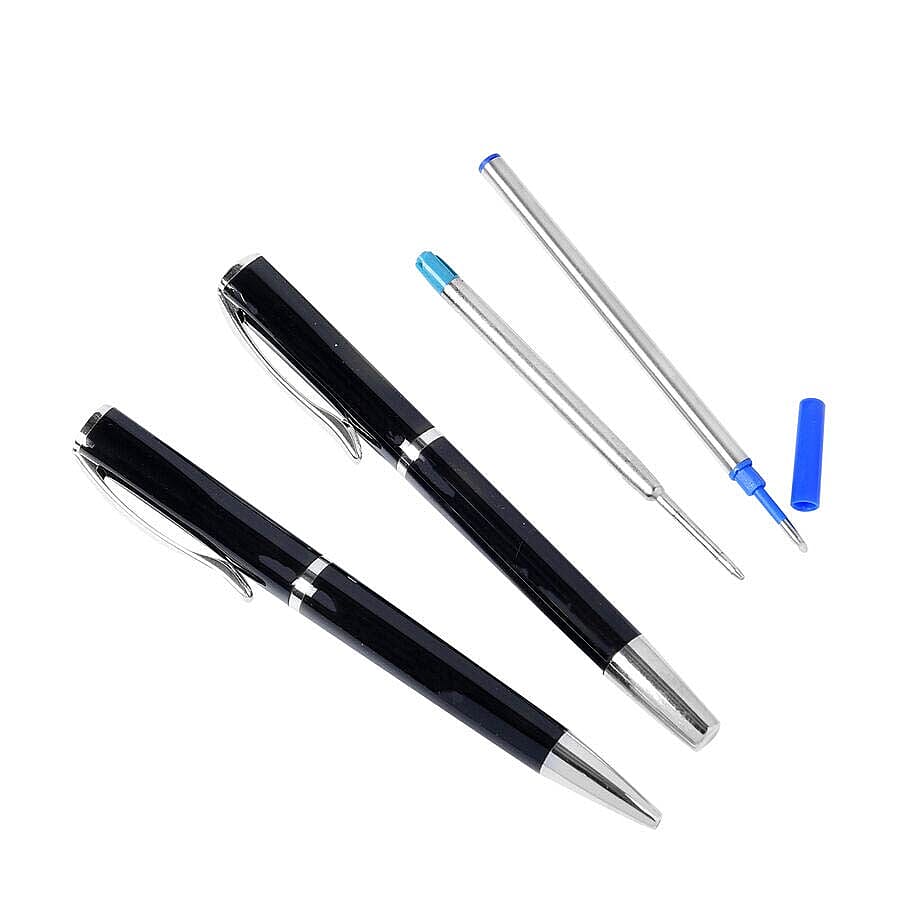 Set of 2 Black Ballpoint Pens with 2 Replacement Ink (Ink Colour: Blue and Black)