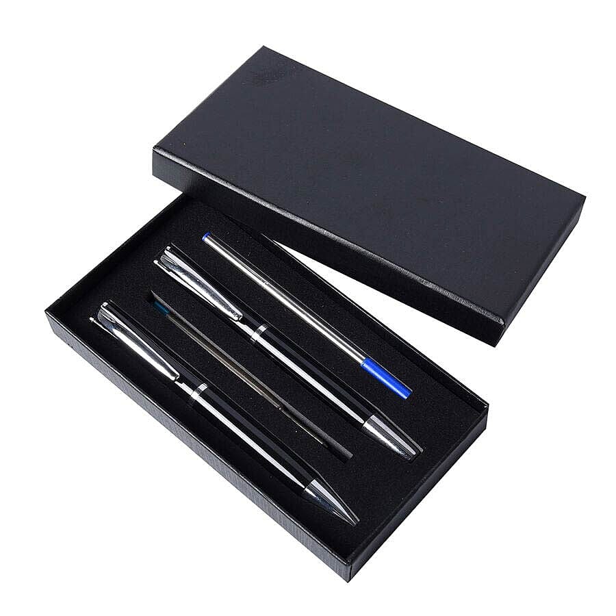 Set of 2 Black Ballpoint Pens with 2 Replacement Ink (Ink Colour: Blue and Black)