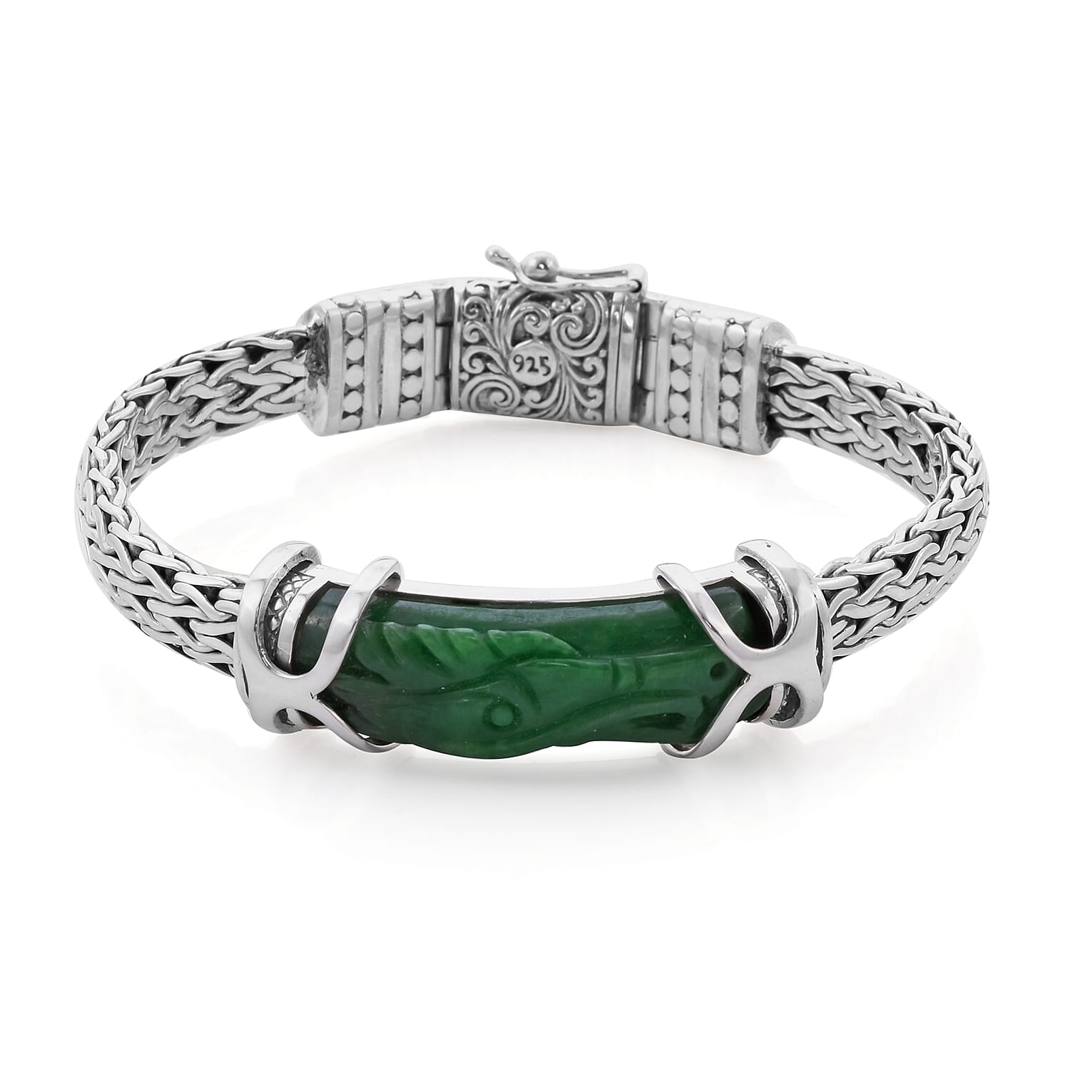 Royal Bali Collection - Green Jade Dragon Carved Bracelet (Size 7.5) in Sterling Silver 27.08 Ct, Silver wt. 46.00 Gms