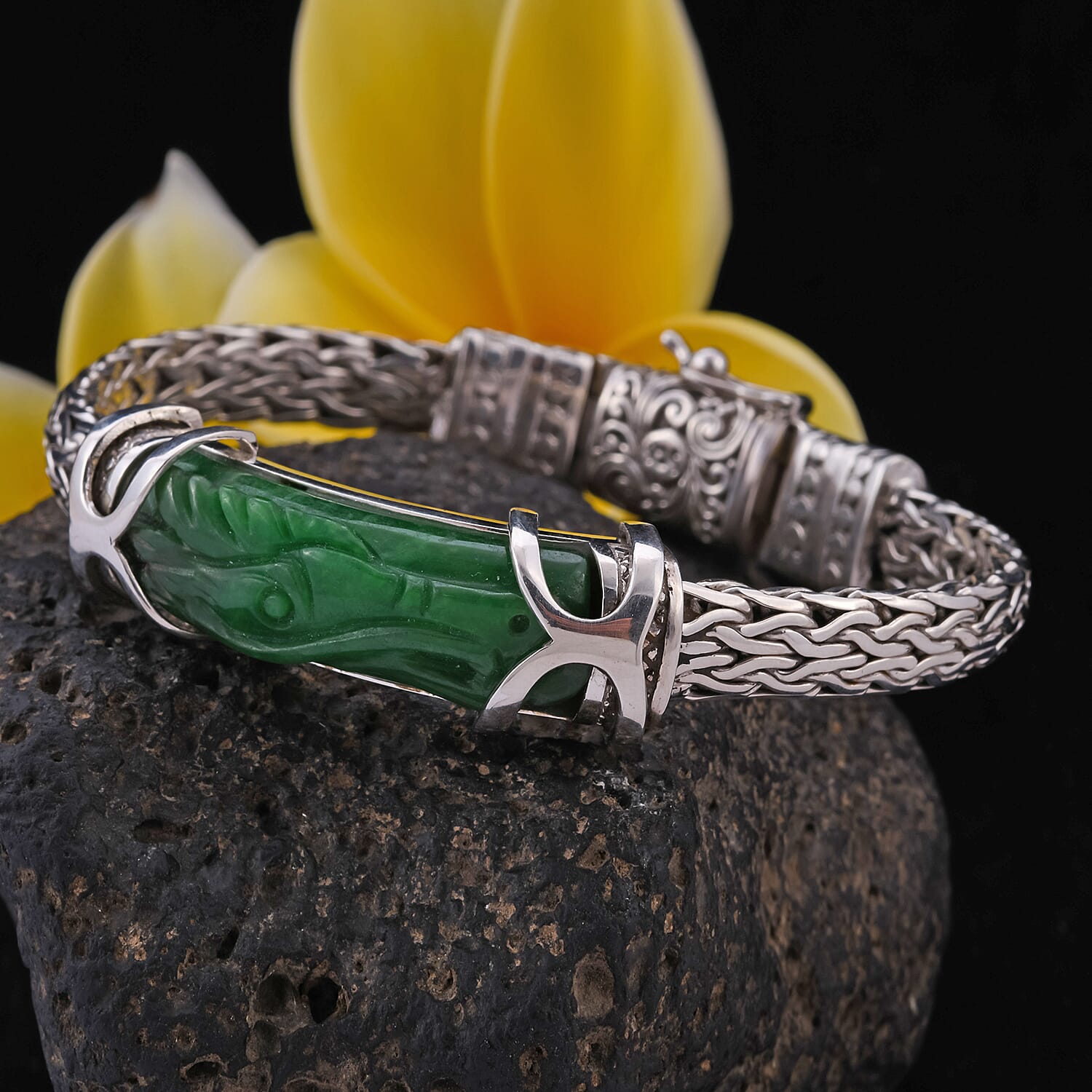 Royal Bali Collection - Green Jade Dragon Carved Bracelet (Size 7.5) in Sterling Silver 27.08 Ct, Silver wt. 46.00 Gms