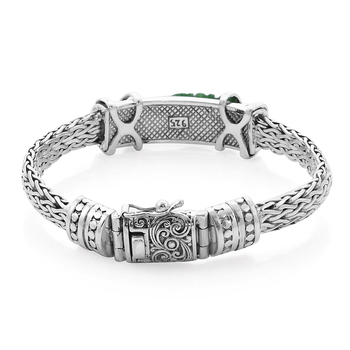 Royal Bali Collection - Green Jade Dragon Carved Bracelet (Size 7.5) in Sterling Silver 27.08 Ct, Silver wt. 46.00 Gms