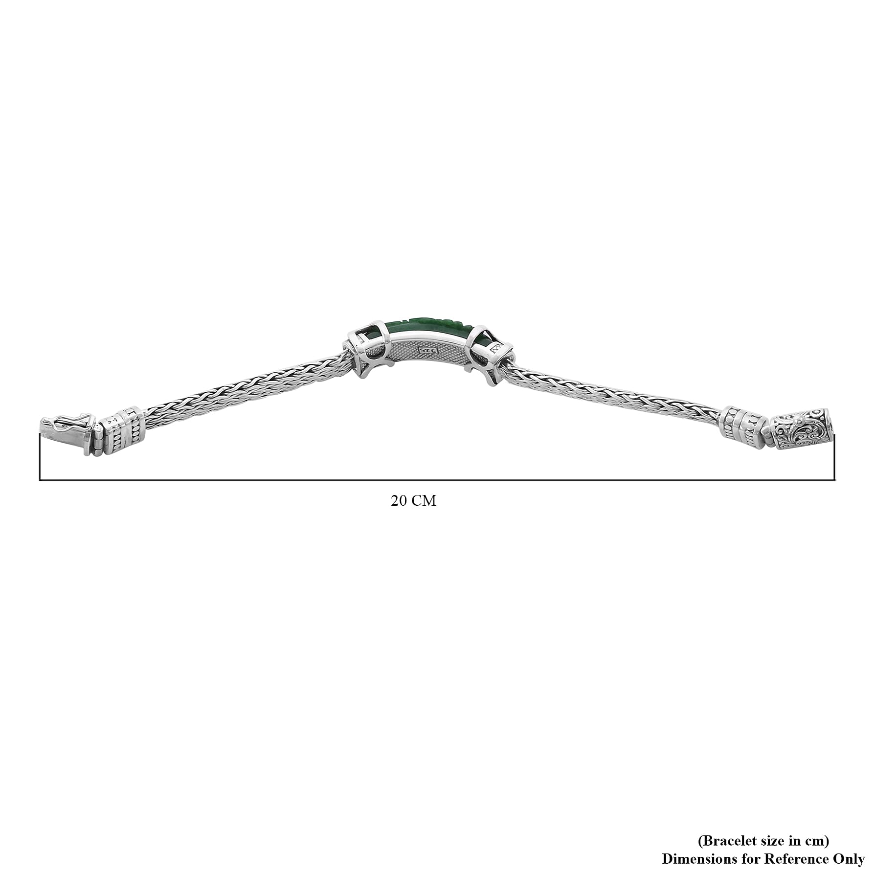 Royal Bali Collection - Green Jade Dragon Carved Bracelet (Size 7.5) in Sterling Silver 27.08 Ct, Silver wt. 46.00 Gms