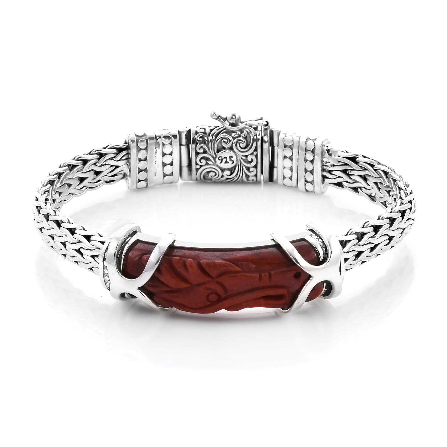 Royal Bali Collection - Red Jade Dragon Carved Bracelet (Size 7.5) in Sterling Silver 28.10 Ct, Silver wt. 46.00 Gms