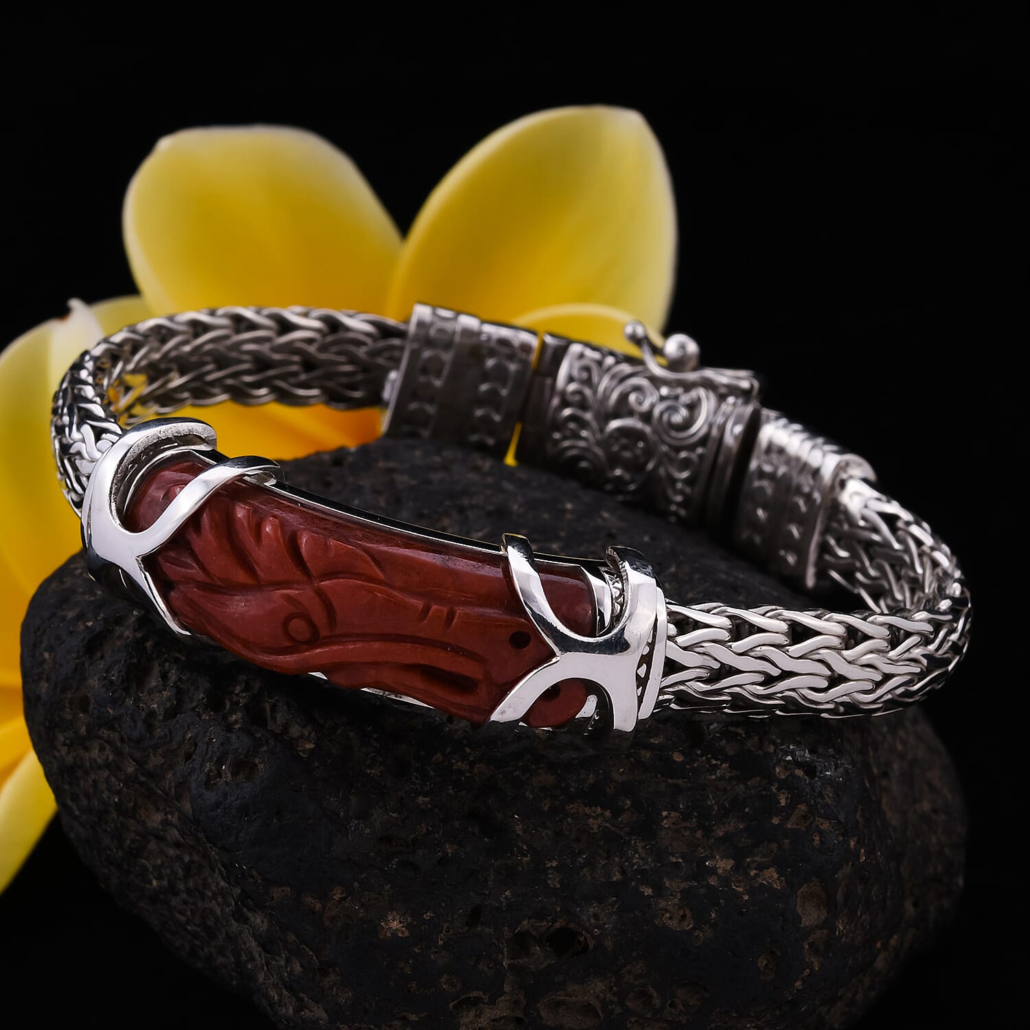 Royal Bali Collection - Red Jade Dragon Carved Bracelet (Size 7.5) in Sterling Silver 28.10 Ct, Silver wt. 46.00 Gms