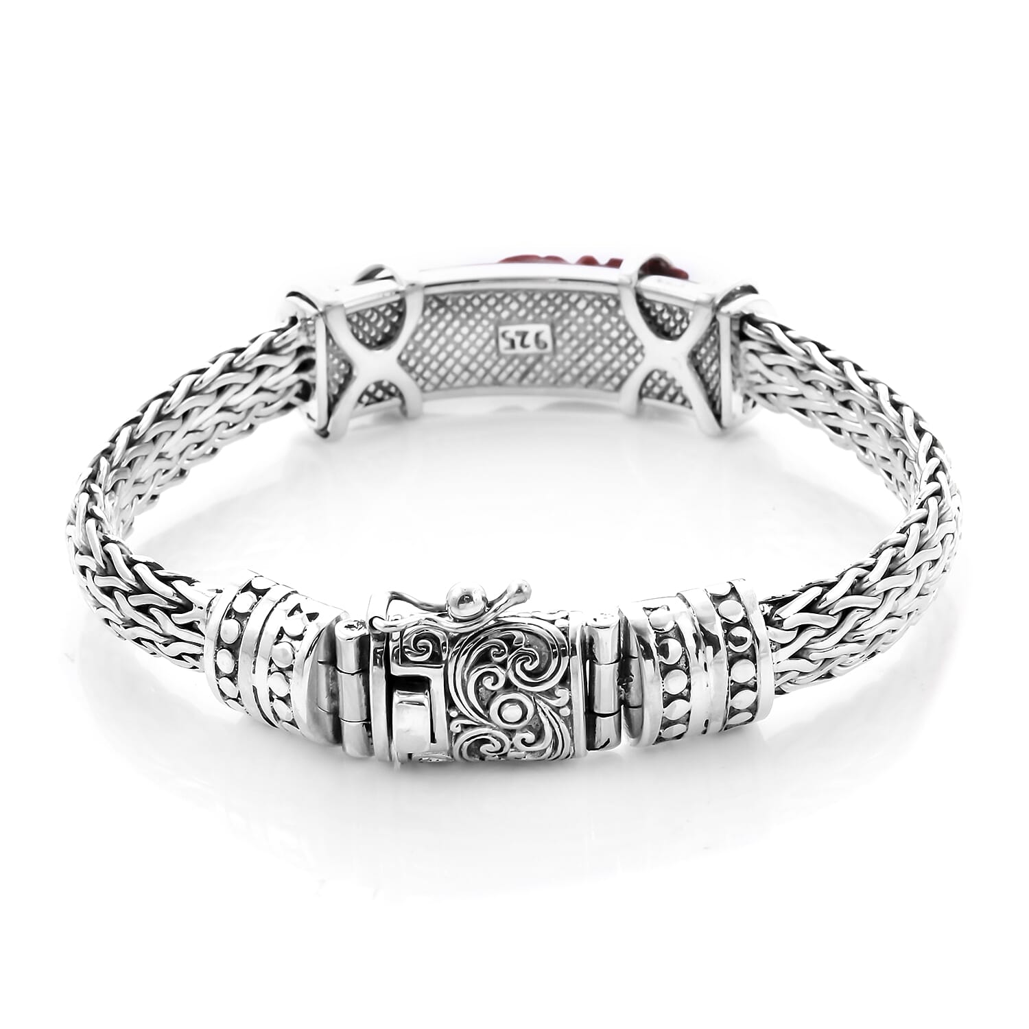 Royal Bali Collection - Red Jade Dragon Carved Bracelet (Size 7.5) in Sterling Silver 28.10 Ct, Silver wt. 46.00 Gms