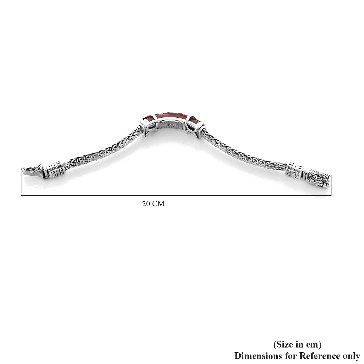 Royal Bali Collection - Red Jade Dragon Carved Bracelet (Size 7.5) in Sterling Silver 28.10 Ct, Silver wt. 46.00 Gms