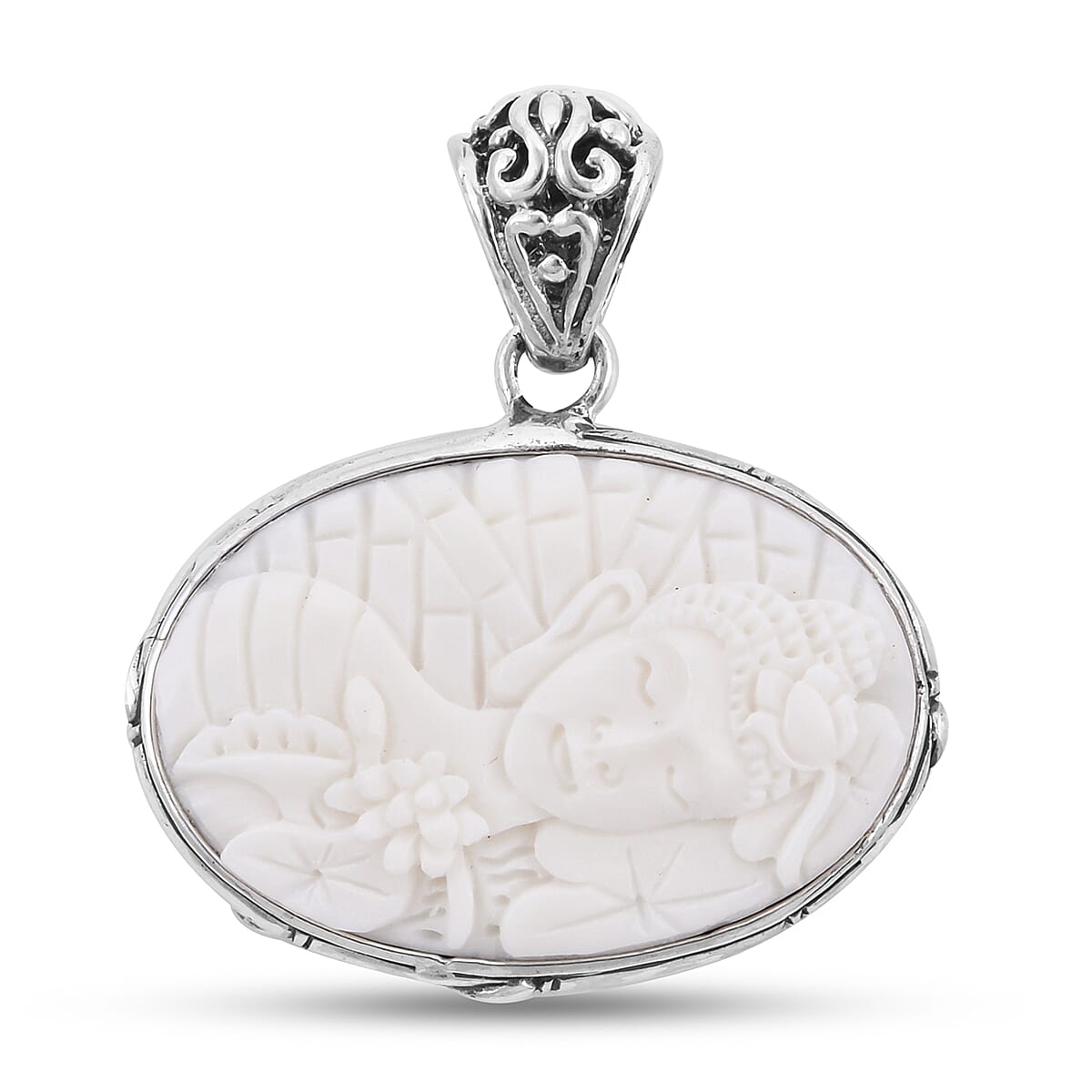 Royal Bali Collection - OX Bone Lord Buddha Carved Reversible Pendant in Sterling Silver, Silver wt 6.00 Gms