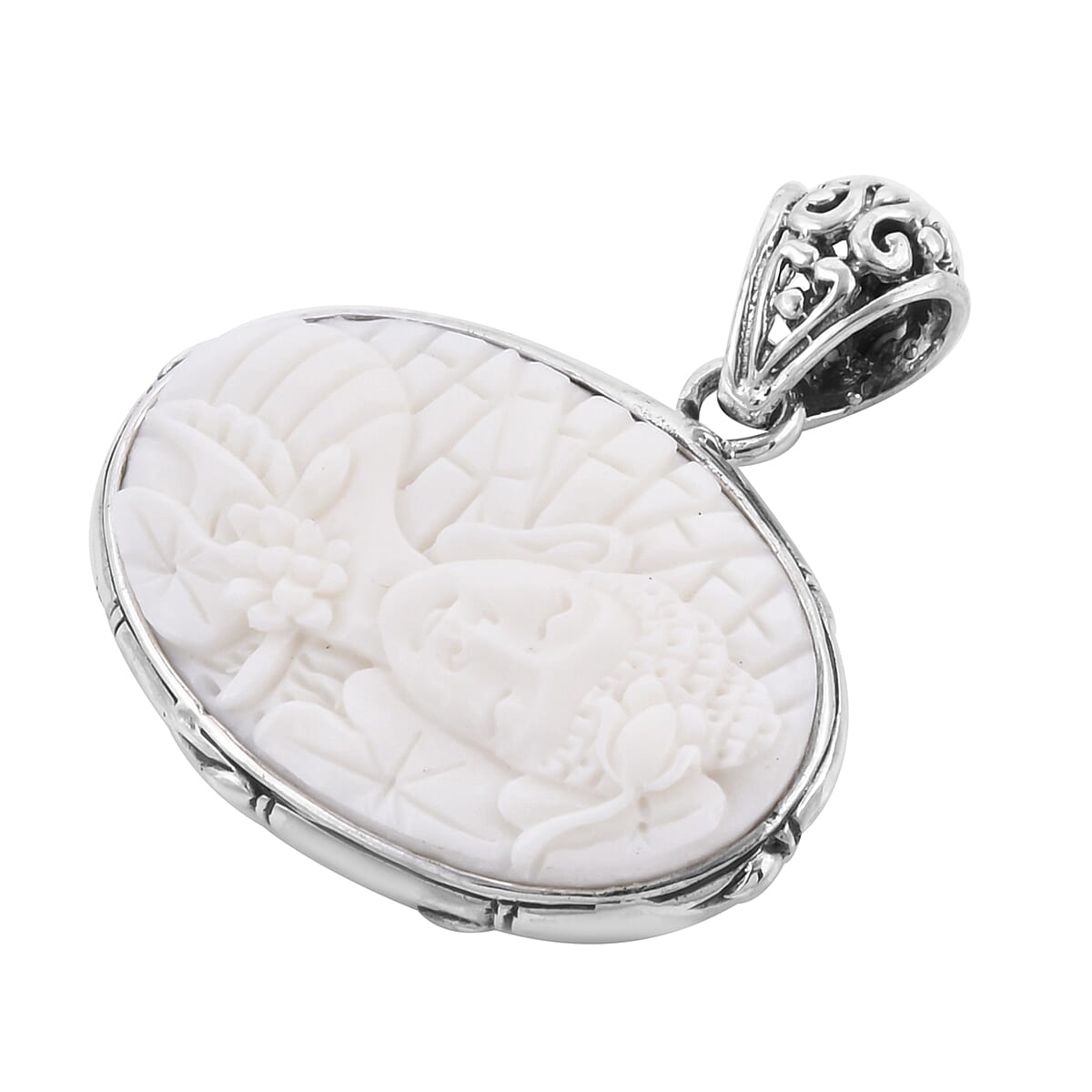 Royal Bali Collection - OX Bone Lord Buddha Carved Reversible Pendant in Sterling Silver, Silver wt 6.00 Gms