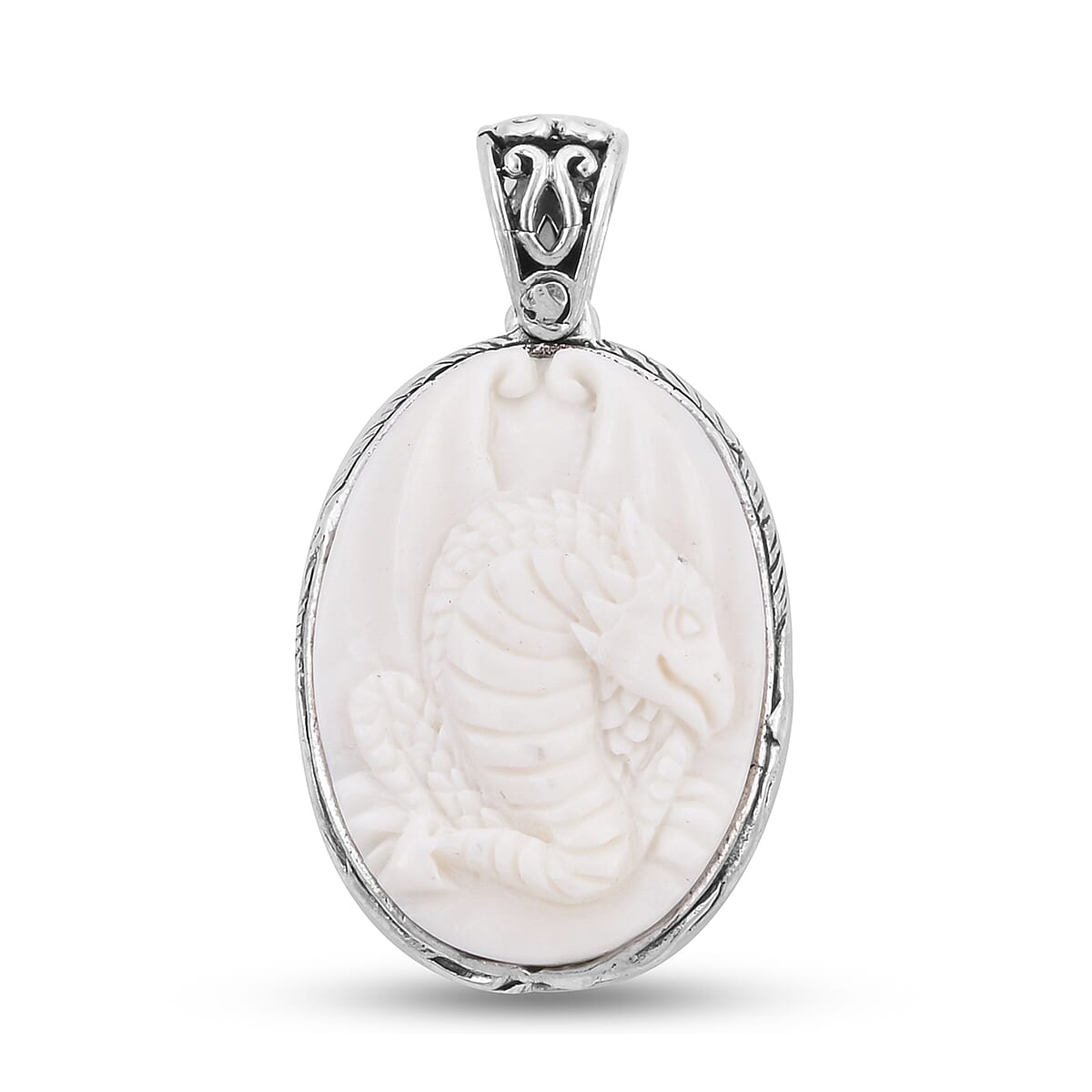 OX Bone Dragon Carved Reversible Pendant in Sterling Silver, Silver wt 6.00 Gms